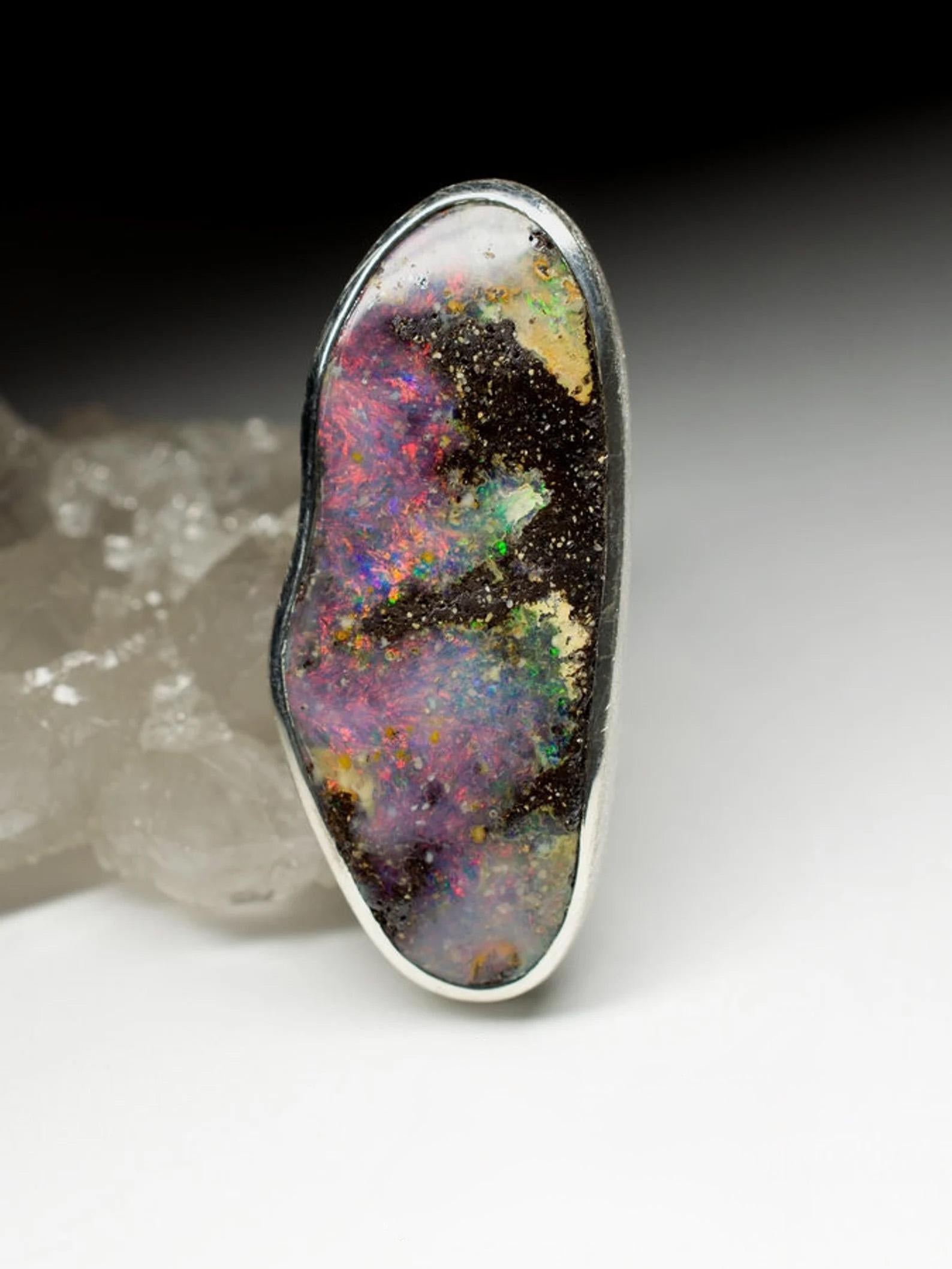 Artisan Large Boulder Opal Ring Natural Polychrome Space Dust Purple Pink Gemstone For Sale