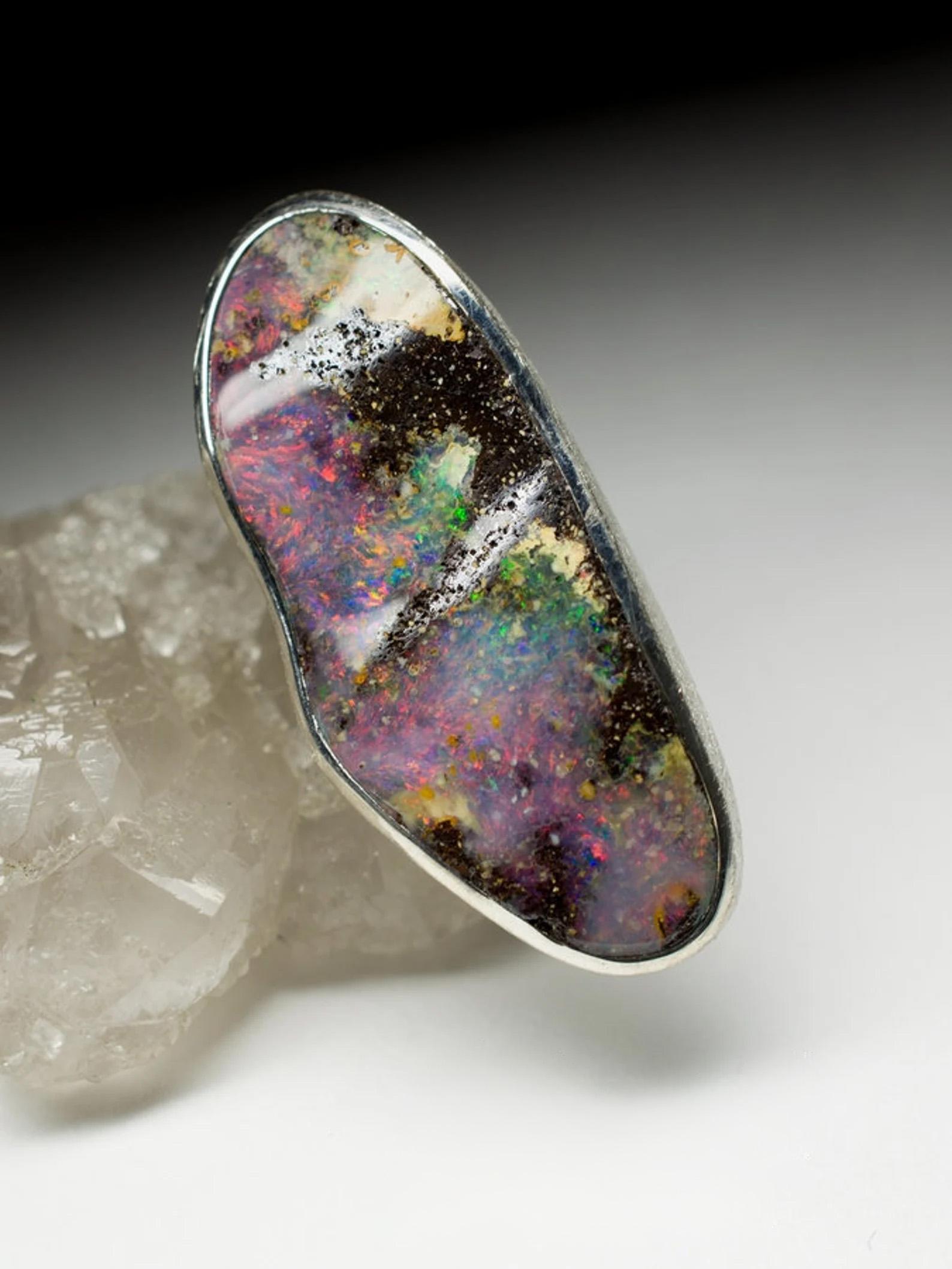 Oval Cut Large Boulder Opal Ring Natural Polychrome Space Dust Purple Pink Gemstone