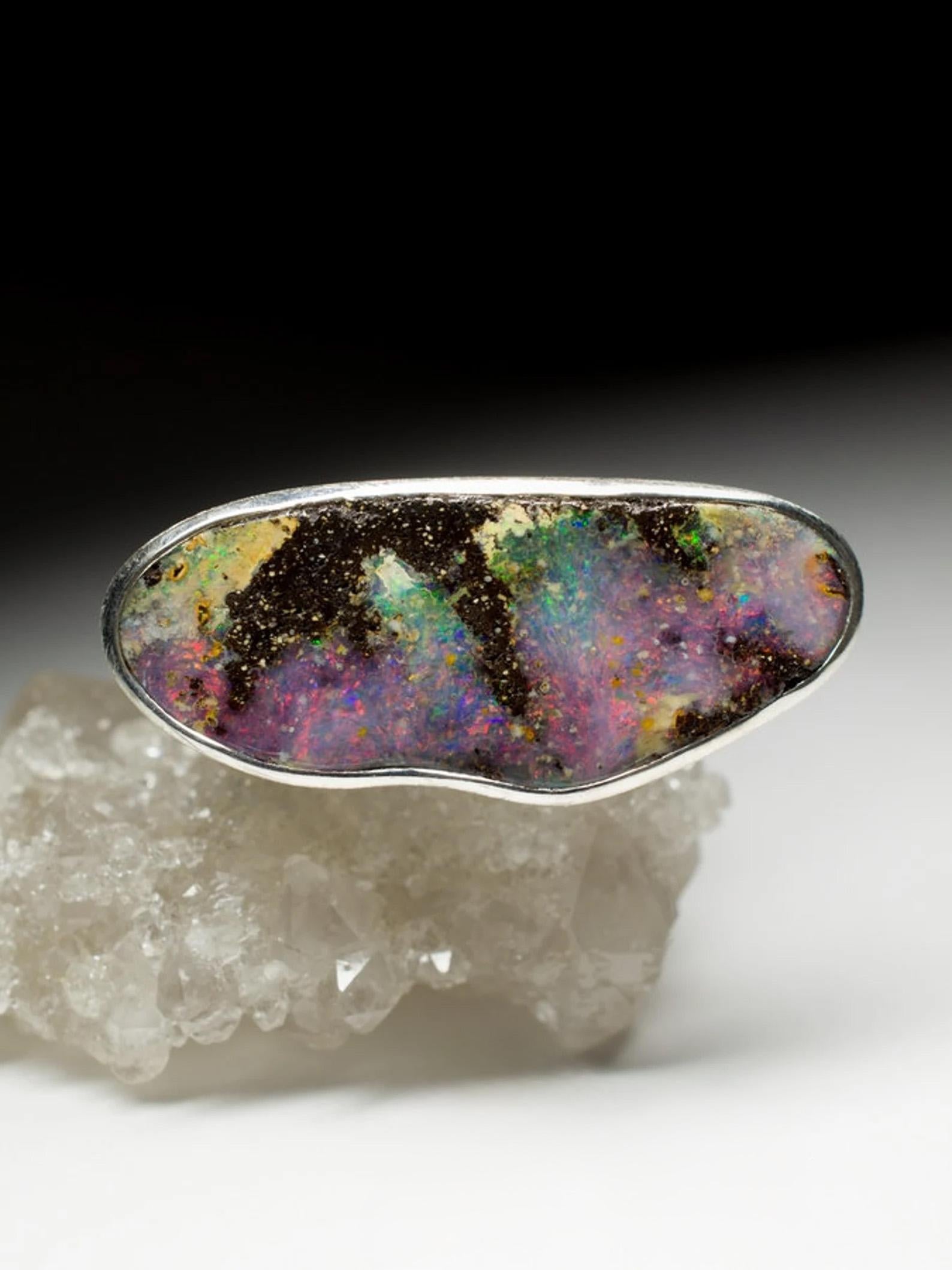 Women's or Men's Large Boulder Opal Ring Natural Polychrome Space Dust Purple Pink Gemstone