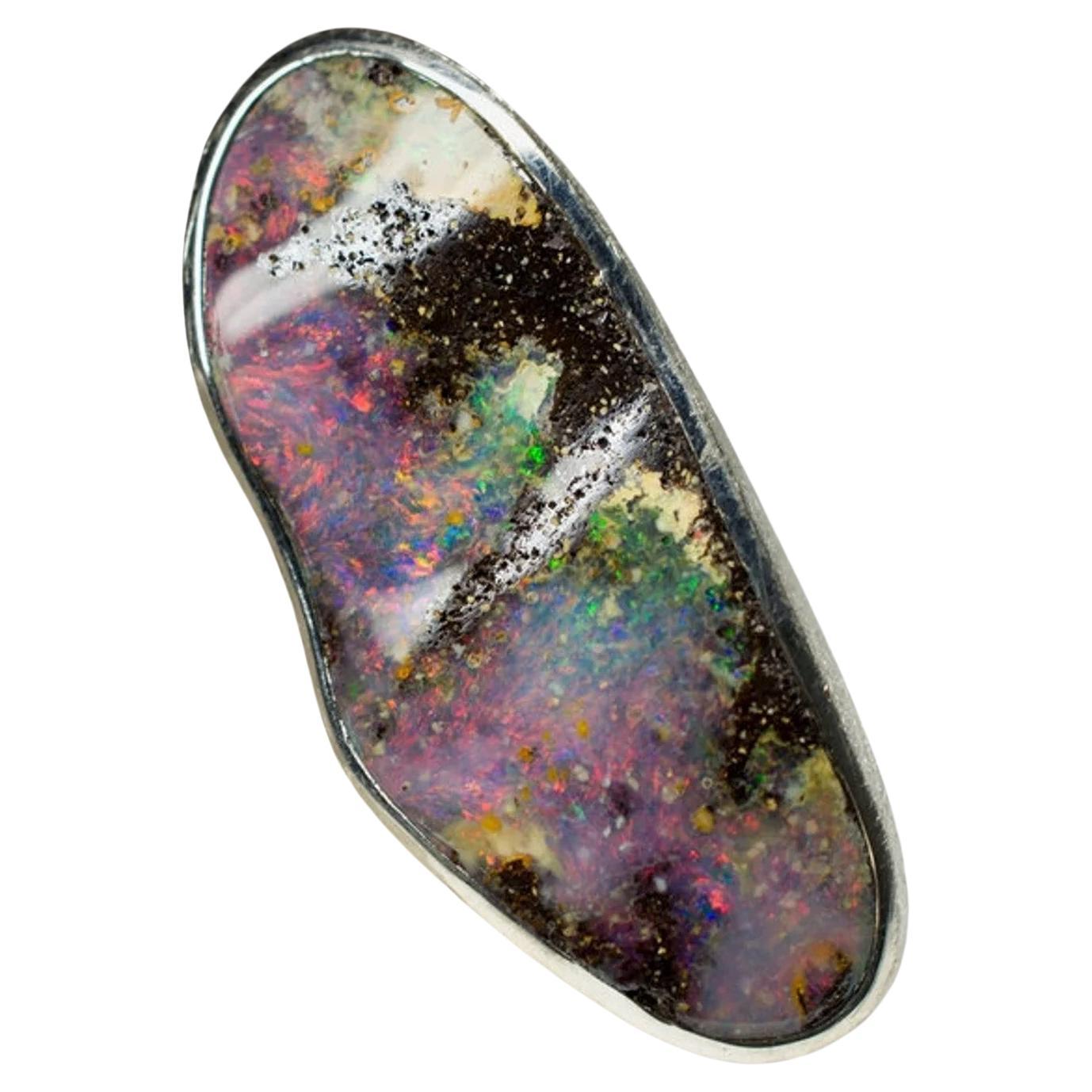 Large Boulder Opal Ring Natural Polychrome Space Dust Purple Pink Gemstone For Sale