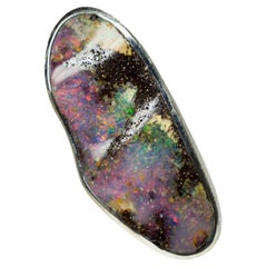 Large Boulder Opal Ring Natural Polychrome Space Dust Purple Pink Gemstone