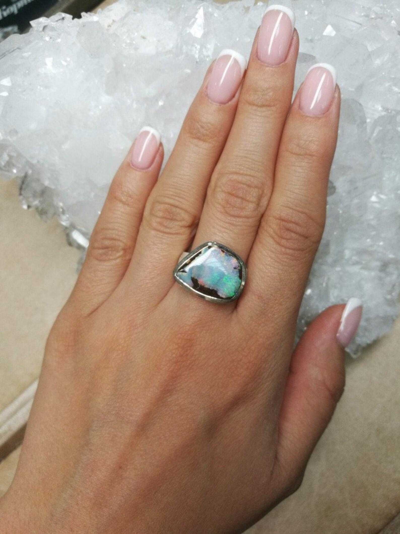 Trapezoid Cut Large Boulder Opal Ring silver Green Blue Australian Gemstone unisex vintage For Sale
