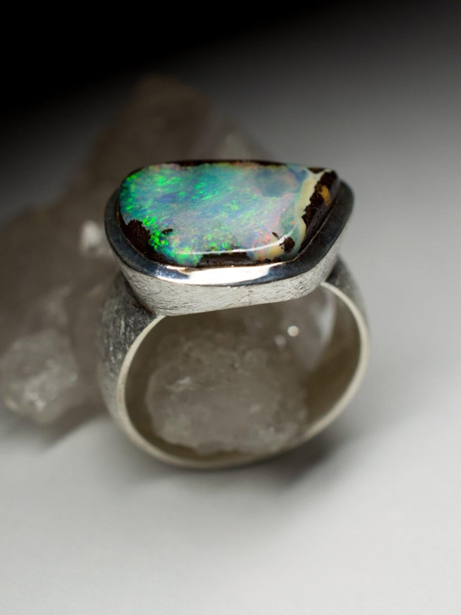 Large Boulder Opal Ring silver Green Blue Australian Gemstone unisex vintage Unisexe en vente