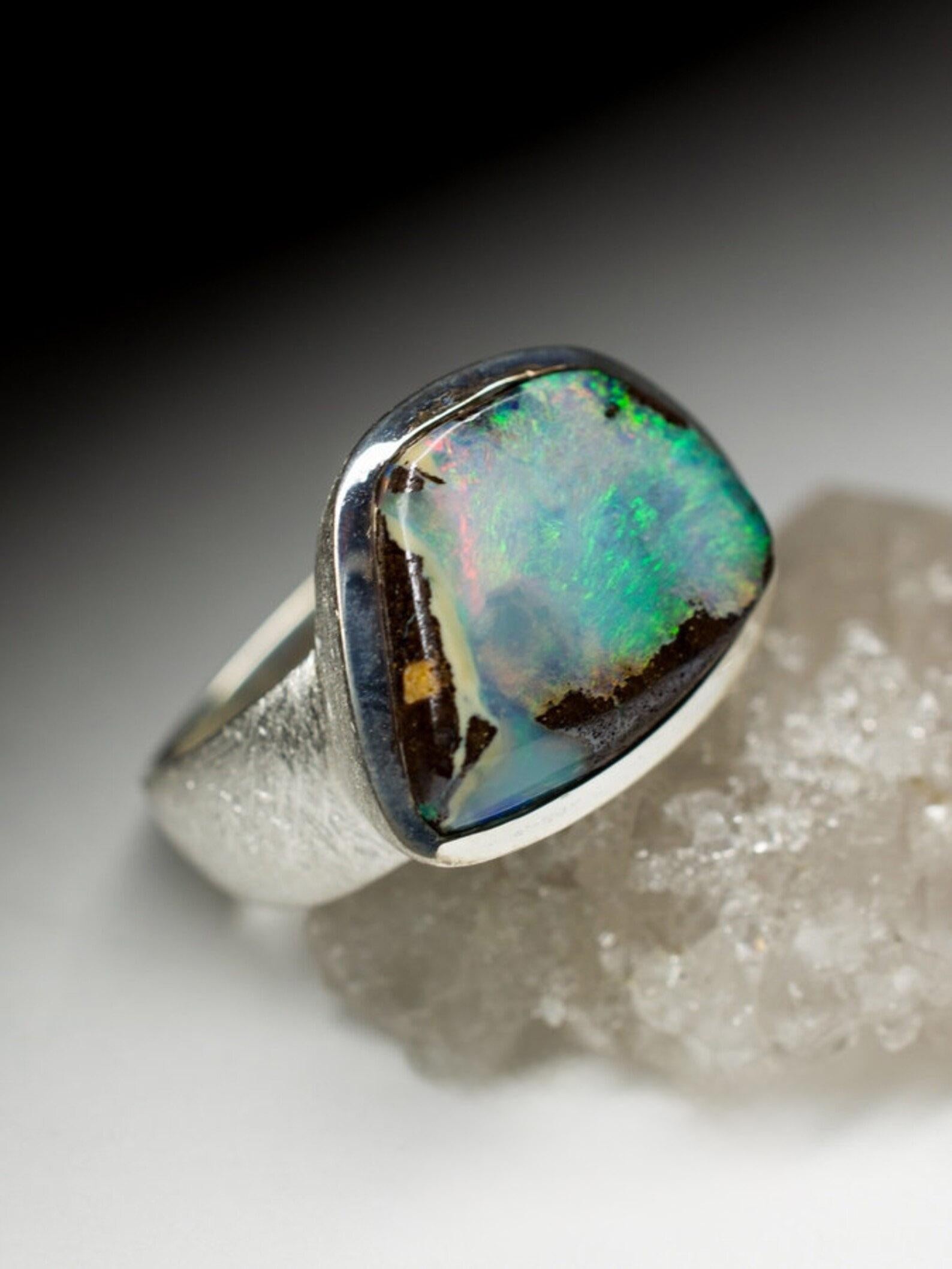 Large Boulder Opal Ring silver Green Blue Australian Gemstone unisex vintage en vente 1