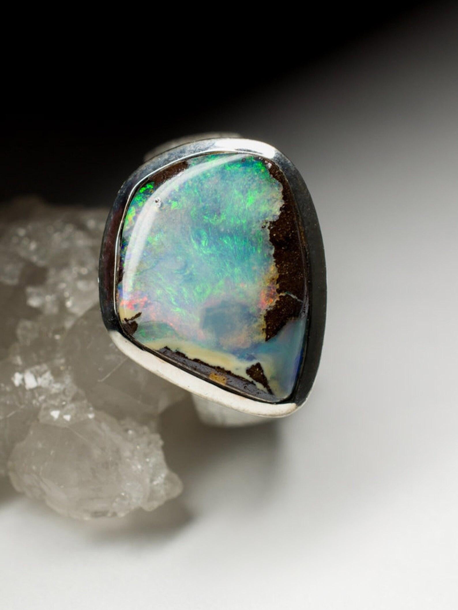Large Boulder Opal Ring silver Green Blue Australian Gemstone unisex vintage en vente 2