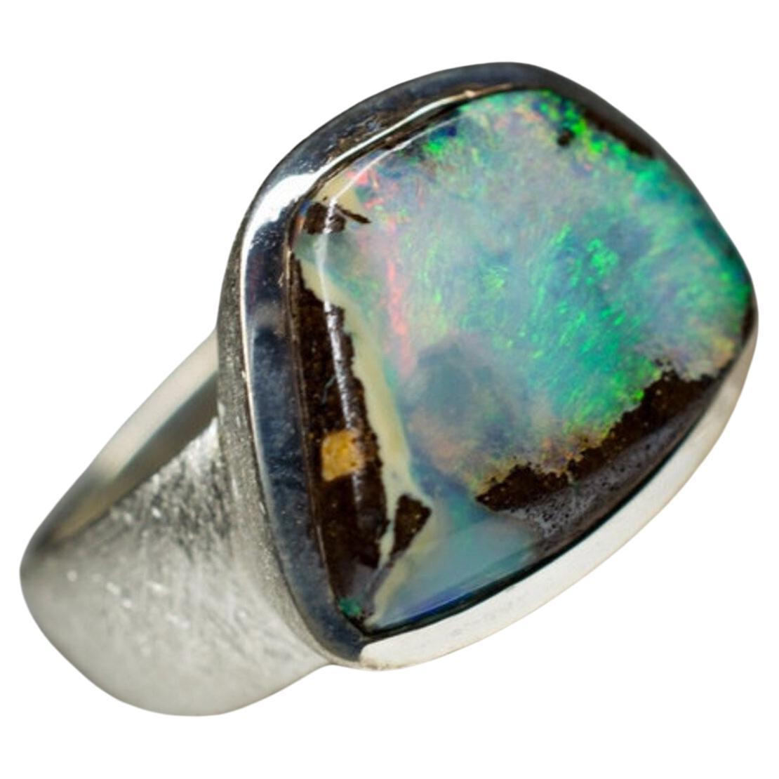 Large Boulder Opal Ring silver Green Blue Australian Gemstone unisex vintage For Sale