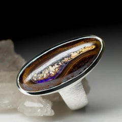 Large Boulder Opal Ring silver Natural Australian Woody Musk Dark Brown Gemstone