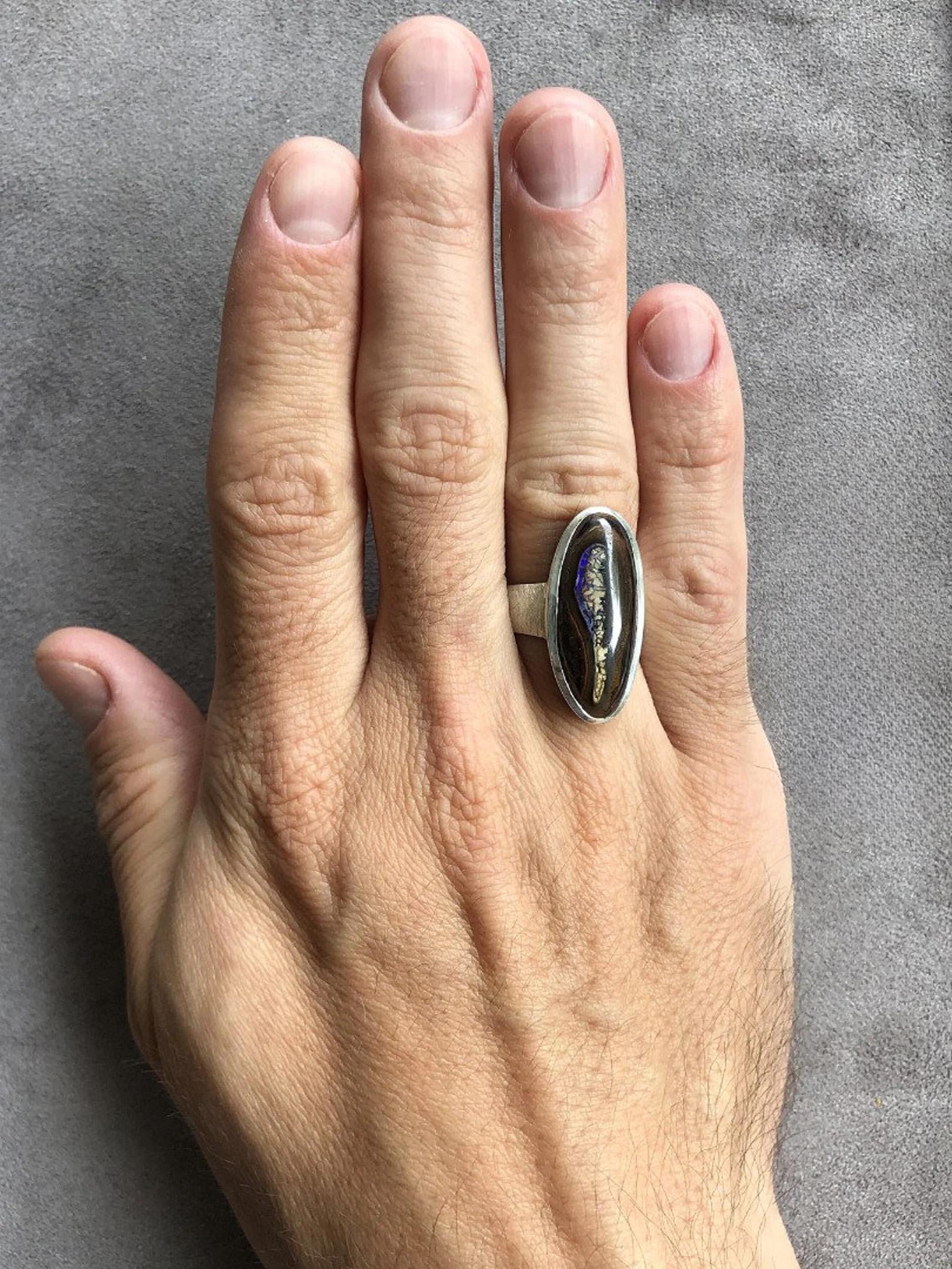 Artisan Large Boulder Opal Ring silver Natural Australian Woody Musk Dark Brown Gemstone For Sale