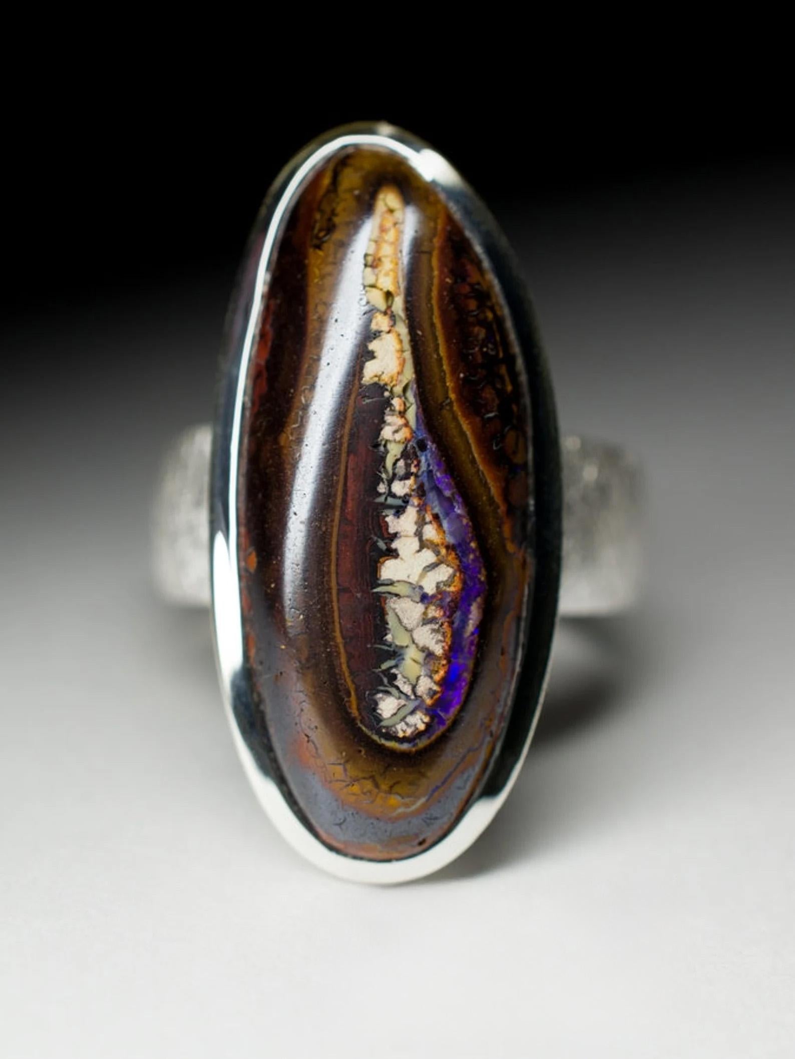 Women's or Men's Large Boulder Opal Ring silver Natural Australian Woody Musk Dark Brown Gemstone For Sale
