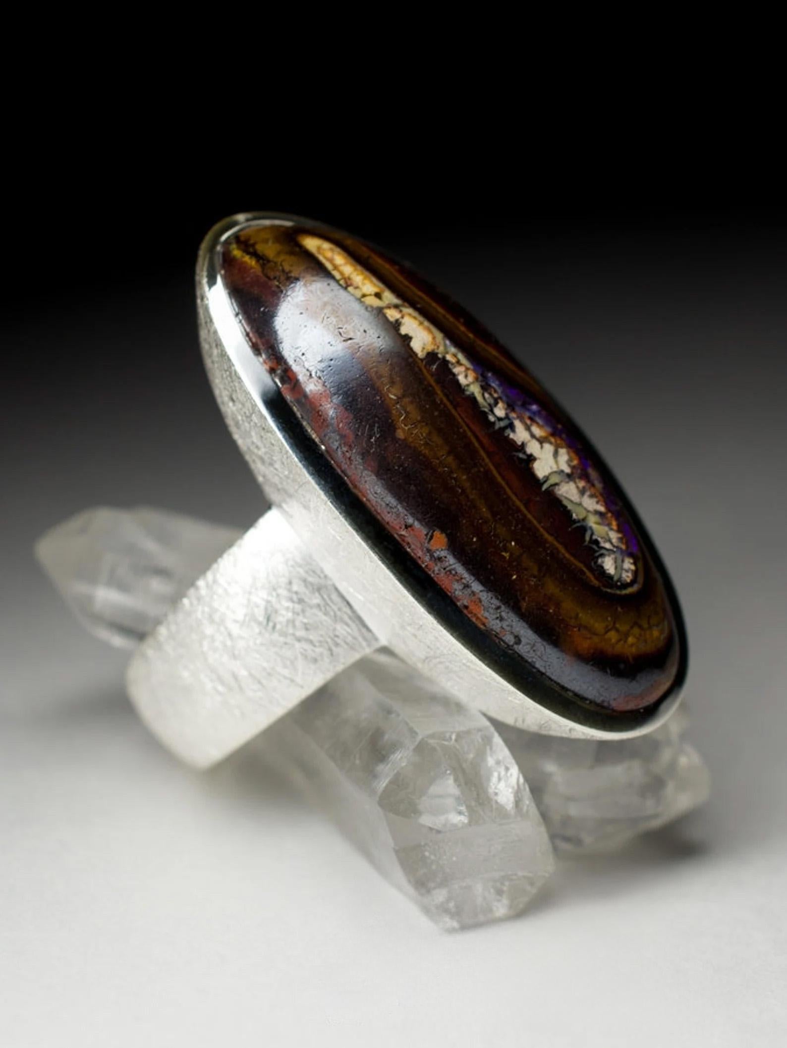 Large Boulder Opal Ring silver Natural Australian Woody Musk Dark Brown Gemstone For Sale 1