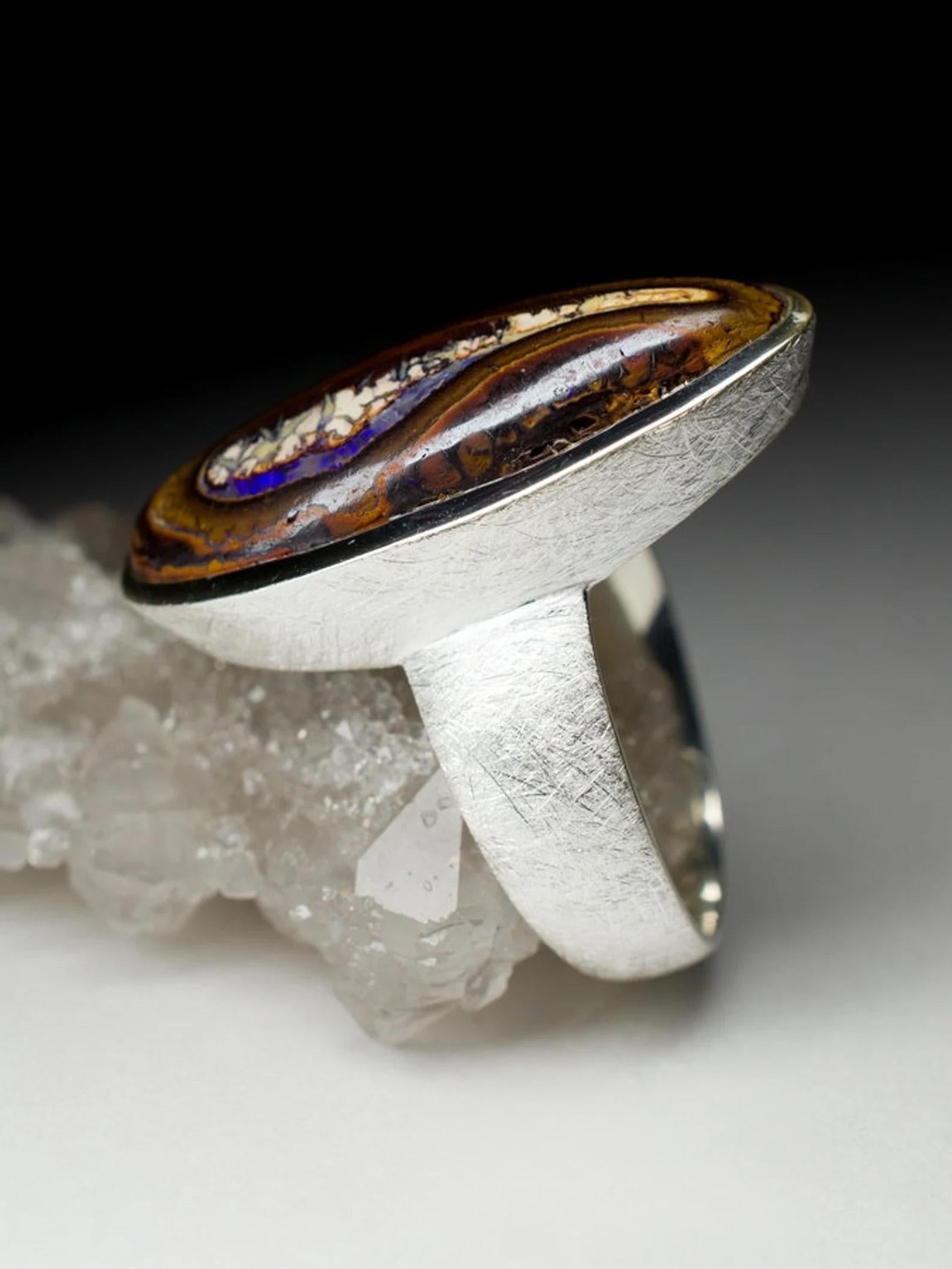 Large Boulder Opal Ring silver Natural Australian Woody Musk Dark Brown Gemstone For Sale 2