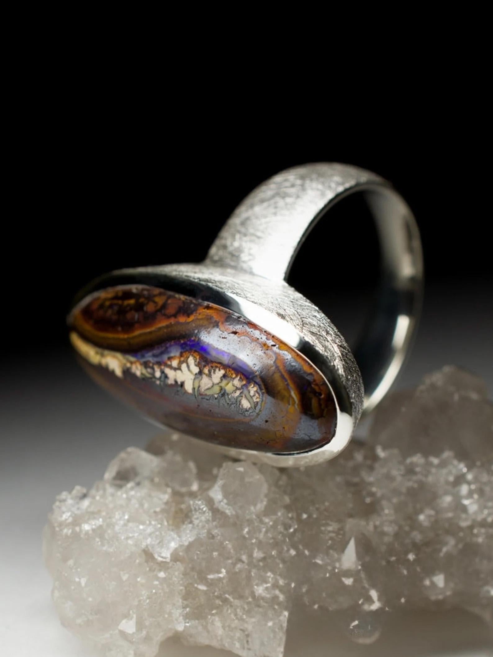 Large Boulder Opal Ring silver Natural Australian Woody Musk Dark Brown Gemstone For Sale 3