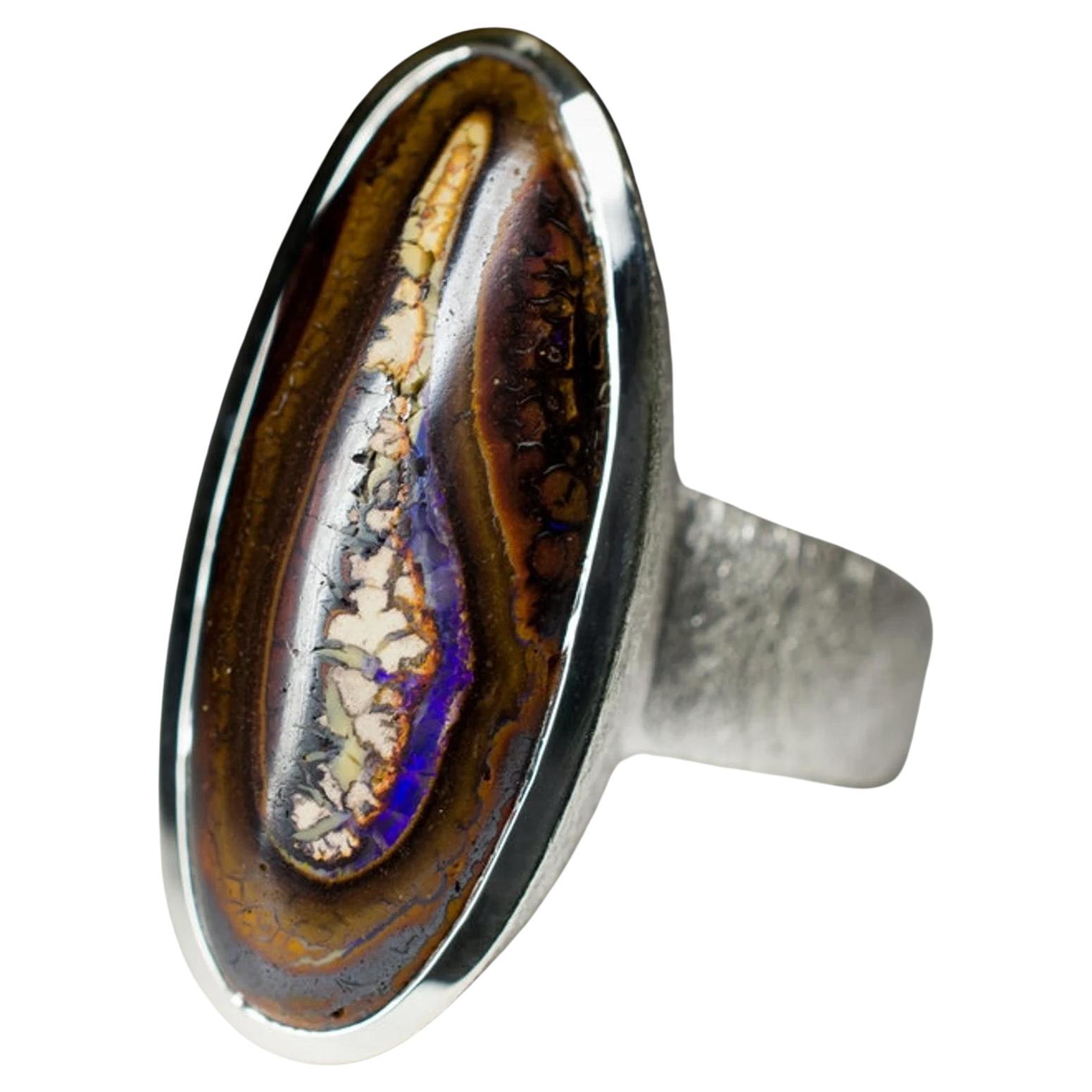Large Boulder Opal Ring silver Natural Australian Woody Musk Dark Brown Gemstone