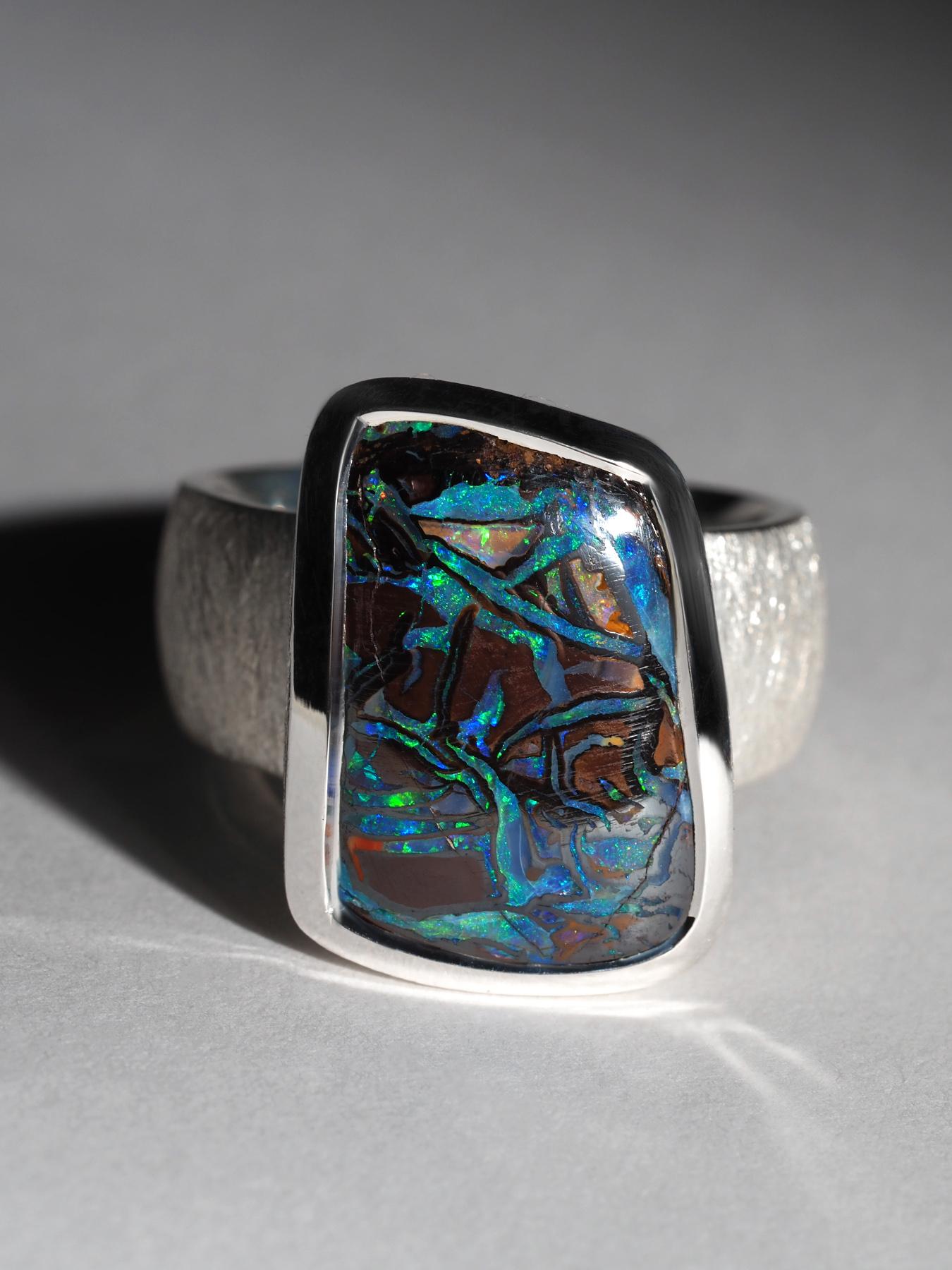 Artisan Large Boulder Opal Ring silver Natural Opal gift friend anniversary opal wedding For Sale