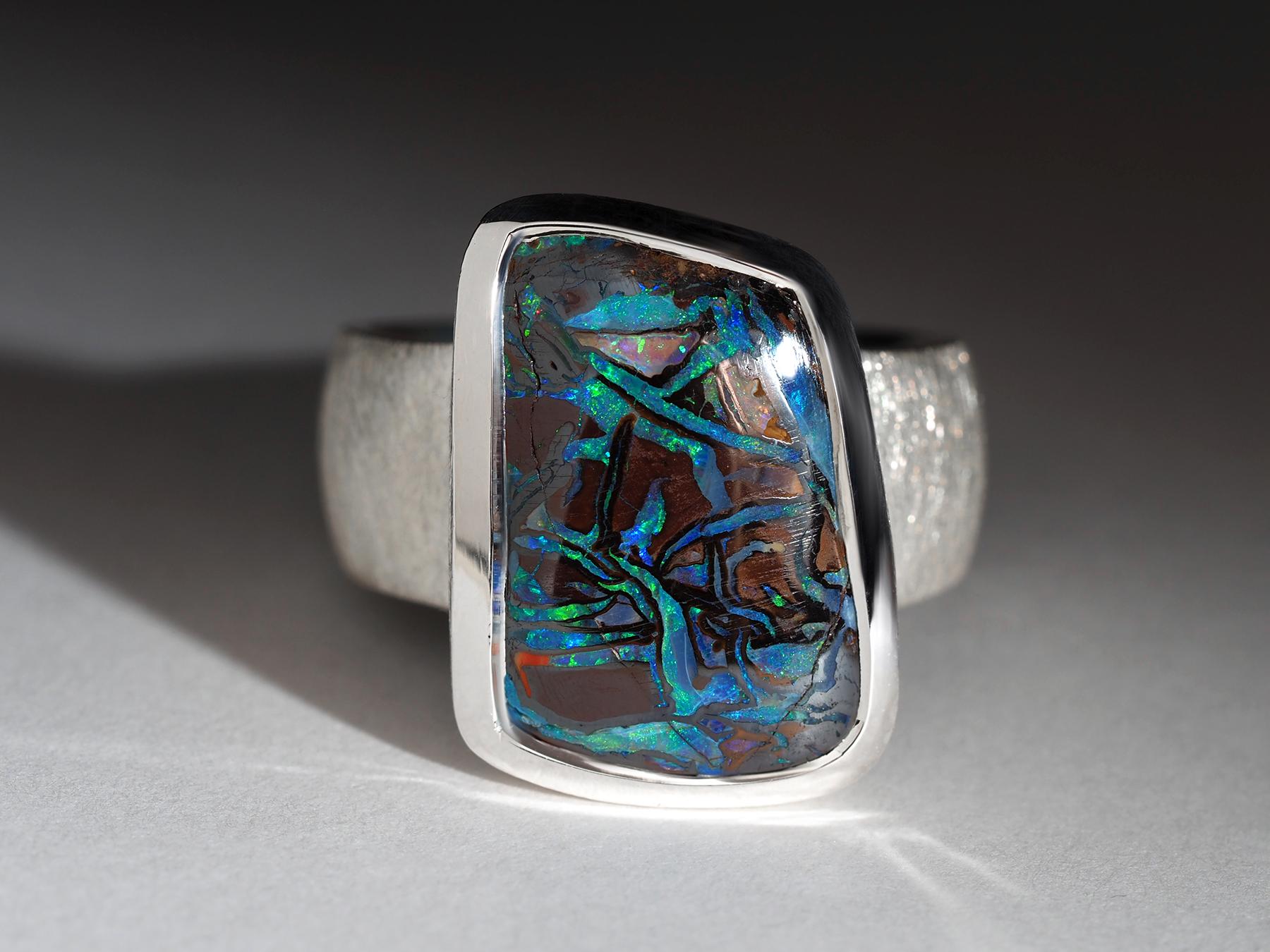 French Cut Large Boulder Opal Ring silver Natural Opal gift friend anniversary opal wedding For Sale