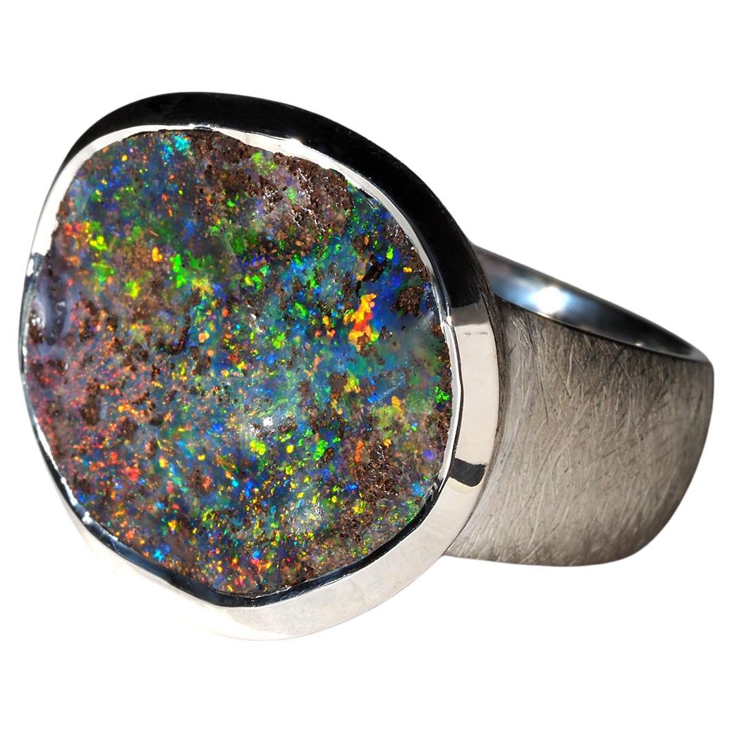 Large Boulder Opal SIlver Ring Colorful Gemstone Statement ring gift 8 ct