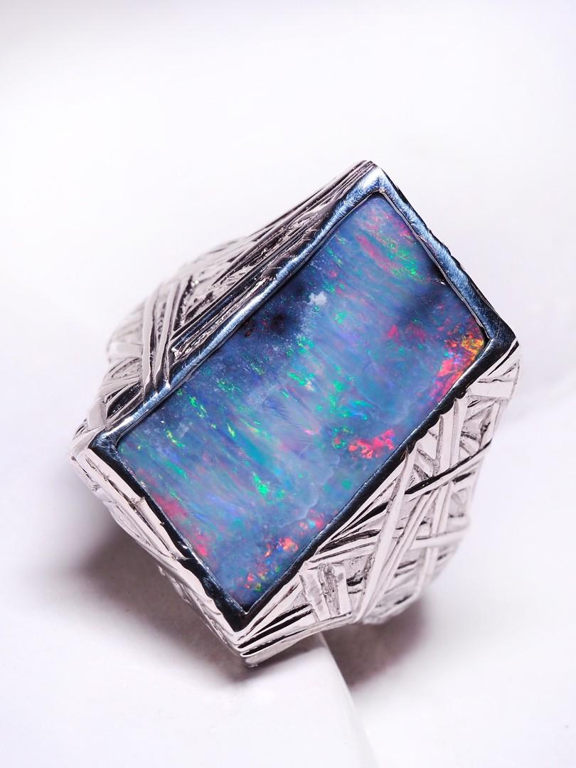Large boulder opal ring unisex Polychrome Purple Australian opal For Sale 9