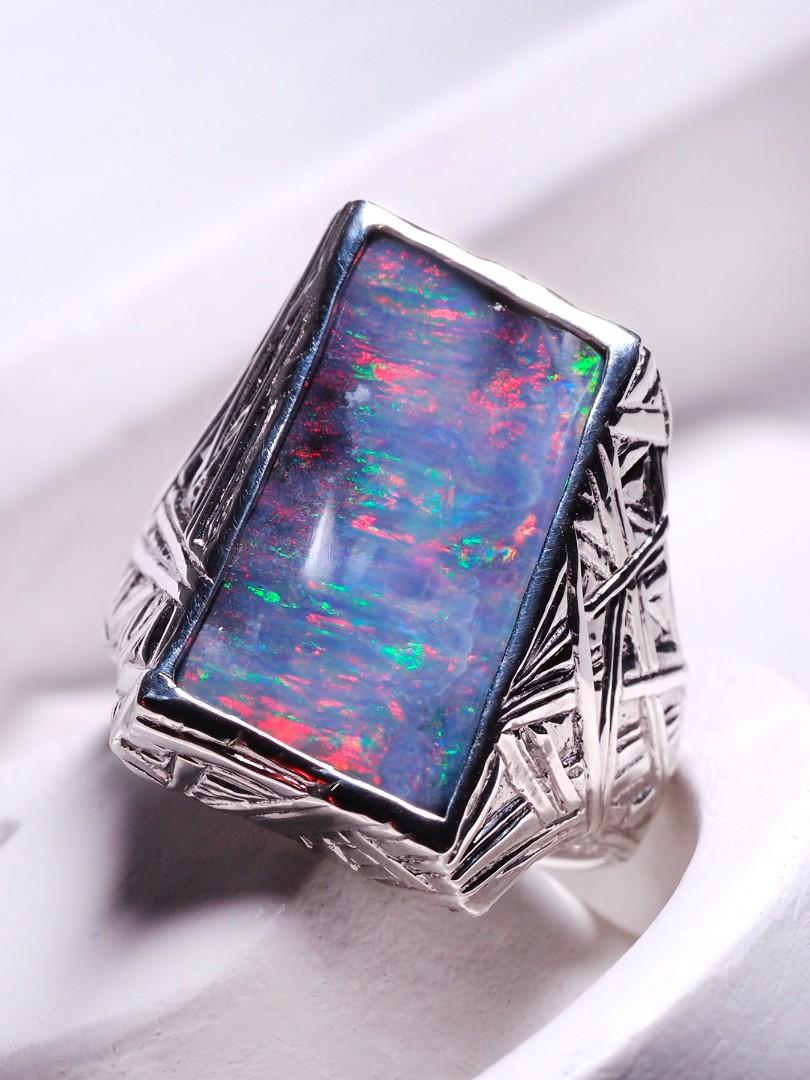 Large boulder opal ring unisex Polychrome Purple Australian opal For Sale 10