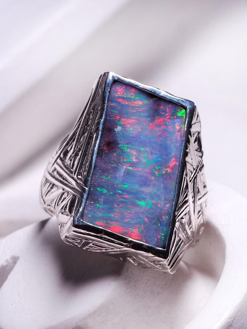 Large boulder opal ring unisex Polychrome Purple Australian opal For Sale 11