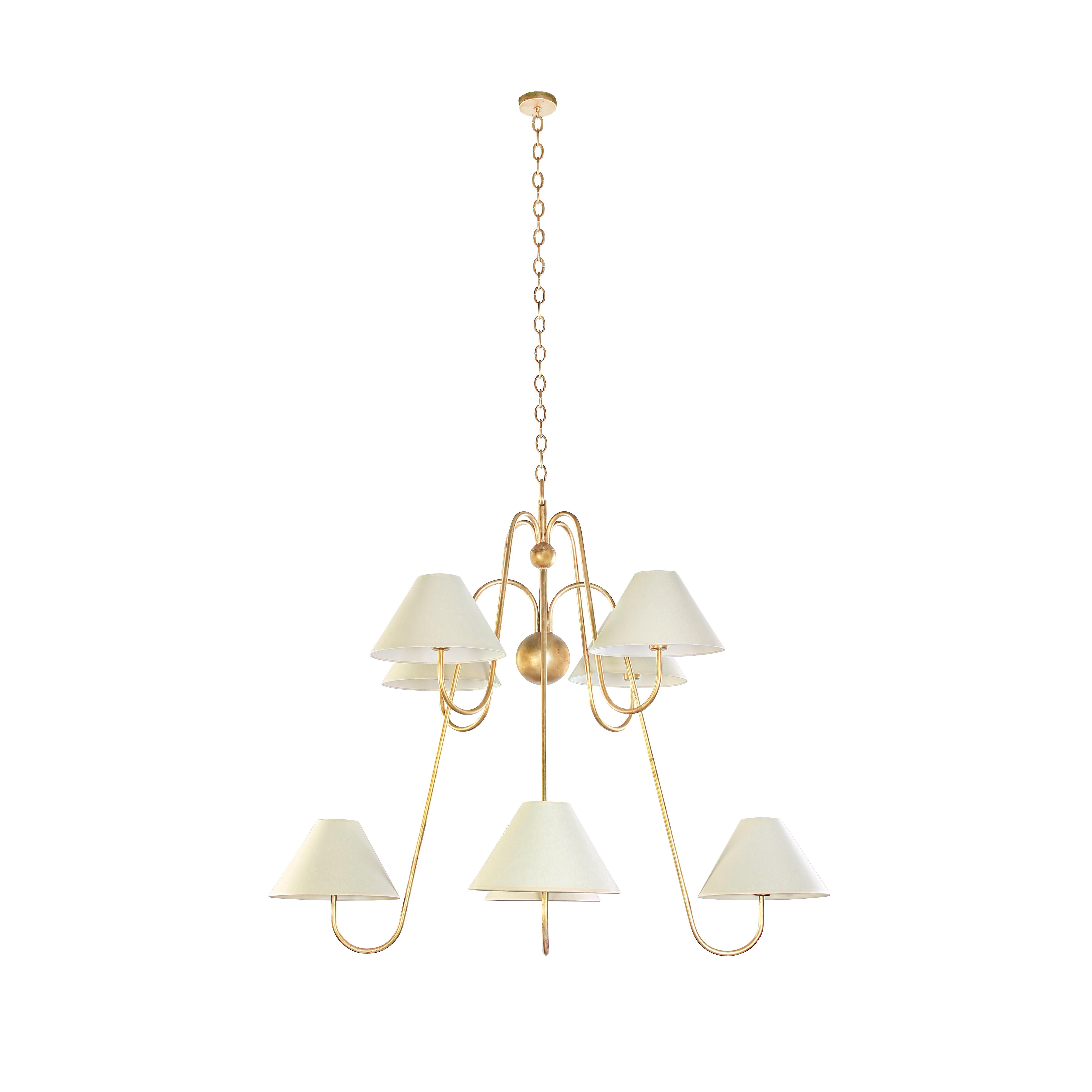 Large 'Bouquet' eight-arm chandelier in the French Modern style. Handcrafted in Los Angeles in the workshop of noted French designer and antiques dealer Denis de le Mesiere, whose inspired creations pay homage to the work of French Modernist icons