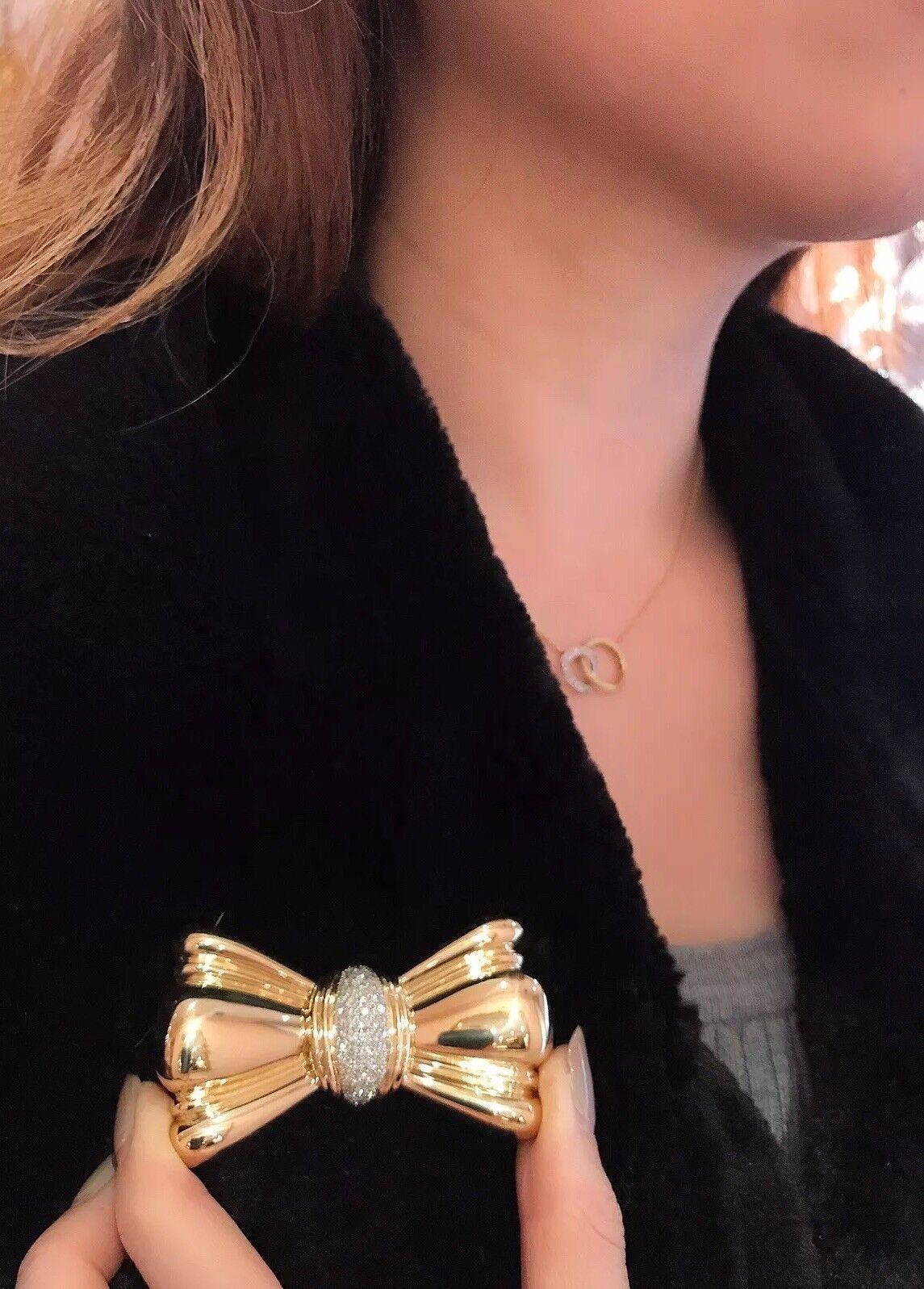 Round Cut Large Bow Pin Brooch with Pave Diamonds in 18k Yellow Gold For Sale
