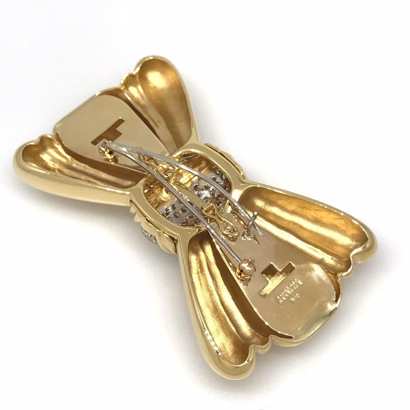 Large Bow Pin Brooch with Pave Diamonds in 18k Yellow Gold In Excellent Condition For Sale In La Jolla, CA