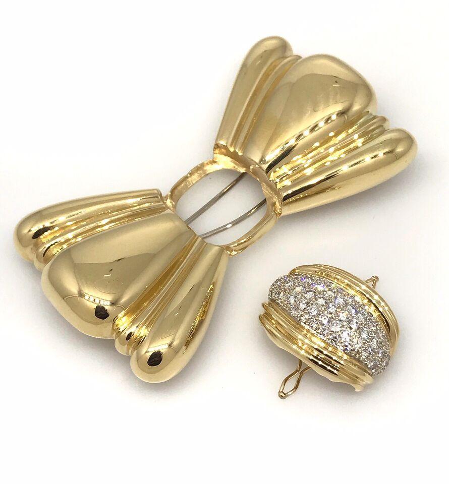 Women's or Men's Large Bow Pin Brooch with Pave Diamonds in 18k Yellow Gold For Sale