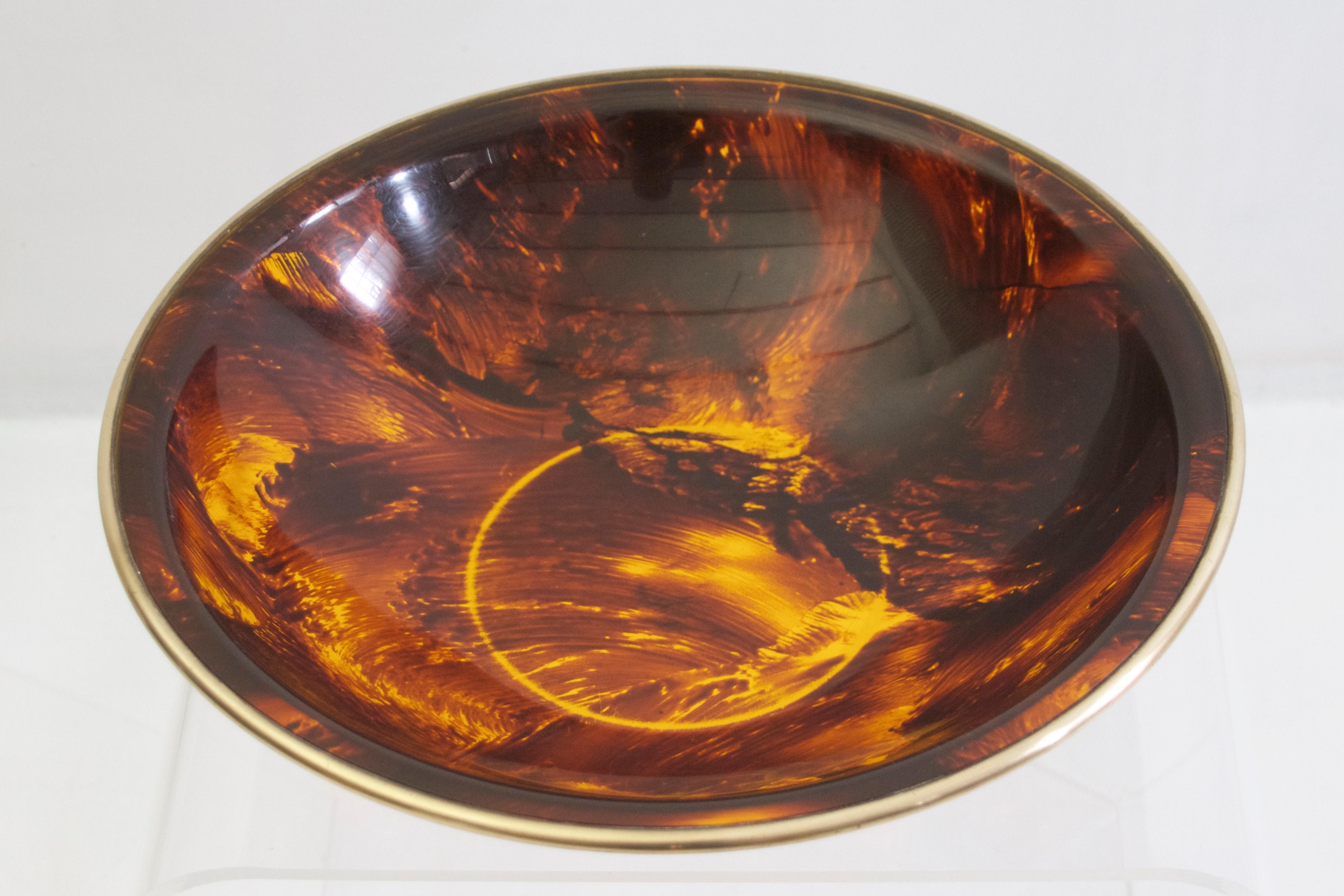 20th Century Large Bowl in Faux Tortoise Lucite and Brass, Italy