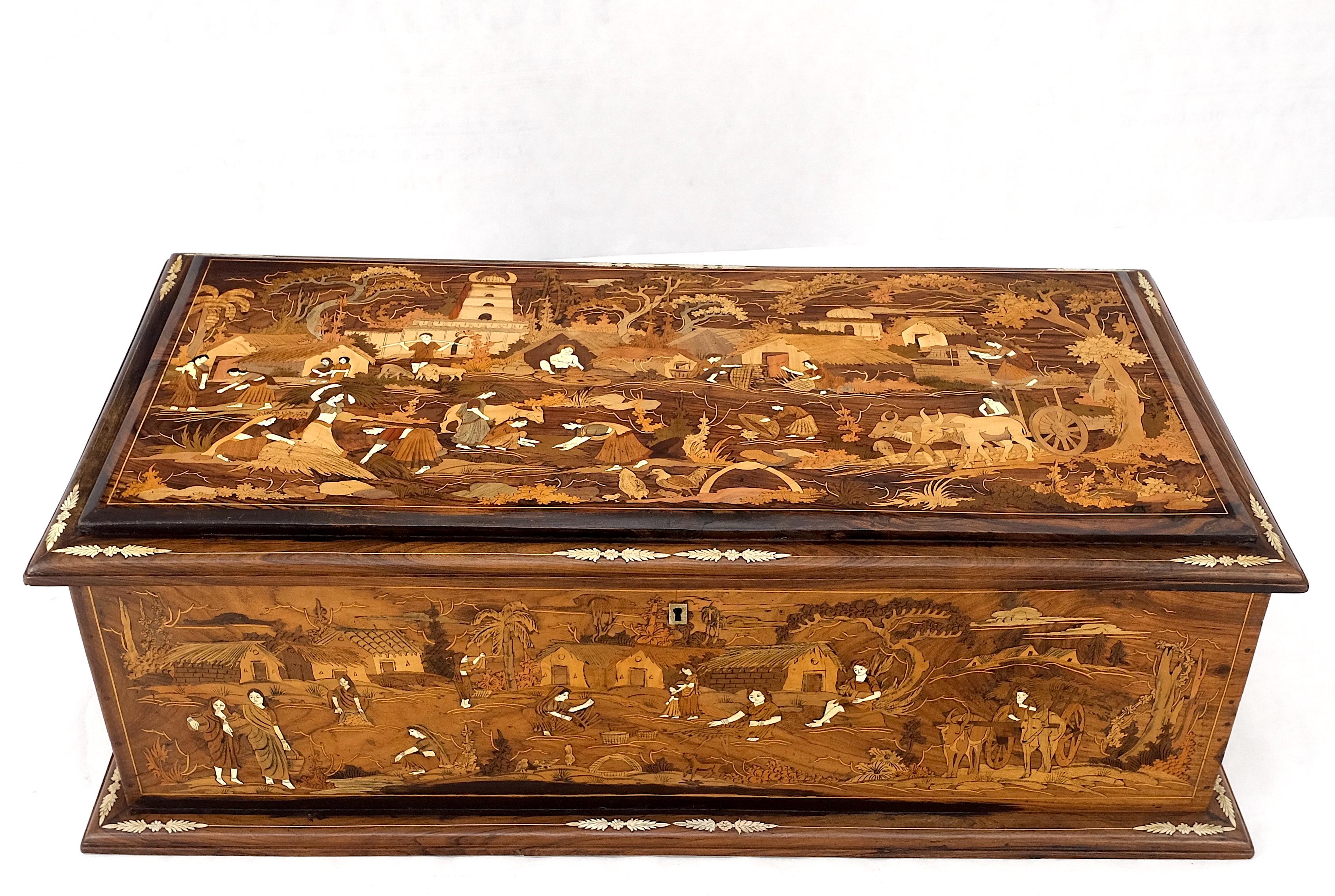 Grand coffre de rangement villageois en bois de rose incrusté d'os décorant très finement les détails.
