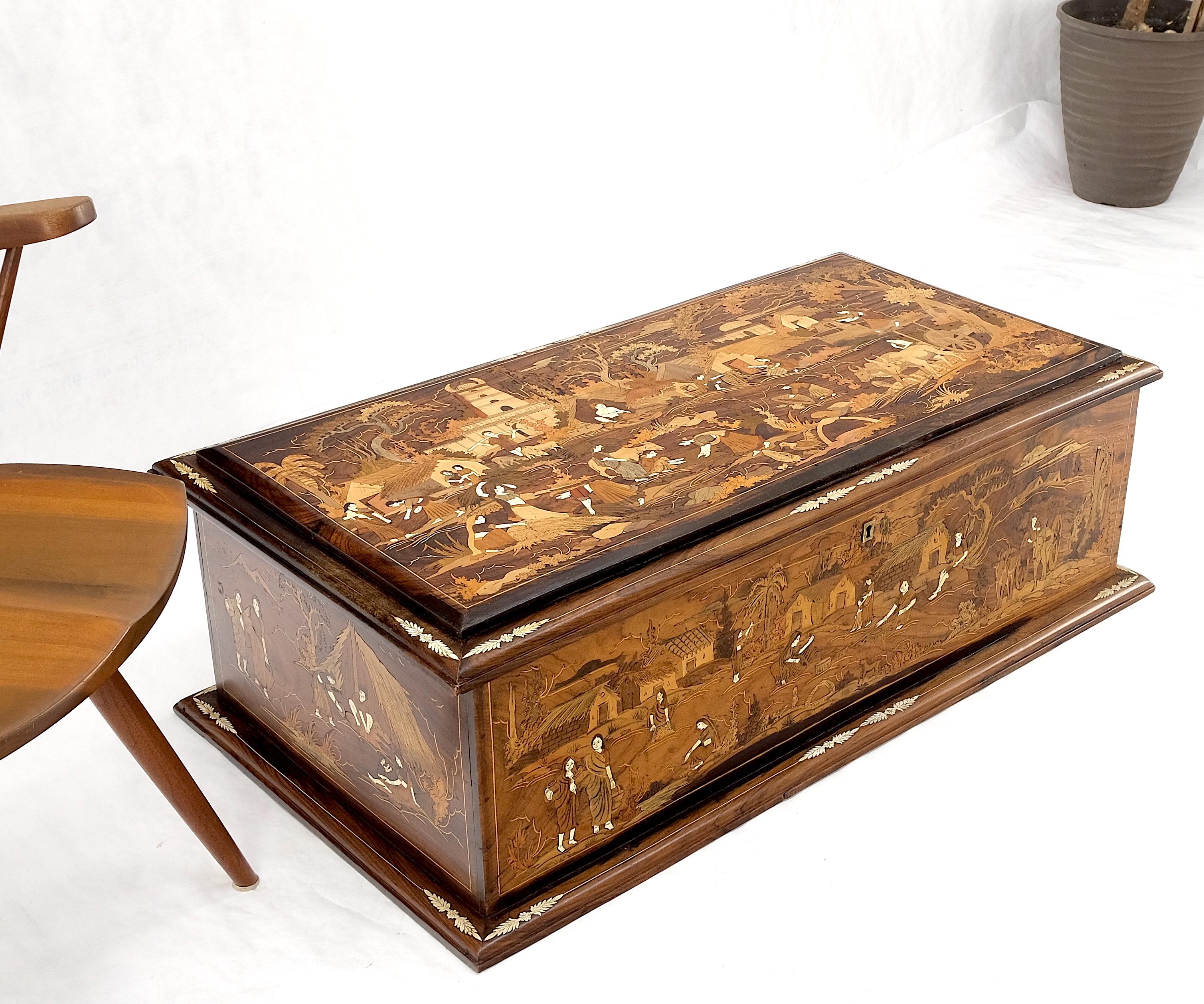 Lacquered Large Box Trunk Bone Inlayed Rosewood Storage Village Scenery Very Fine Detail For Sale