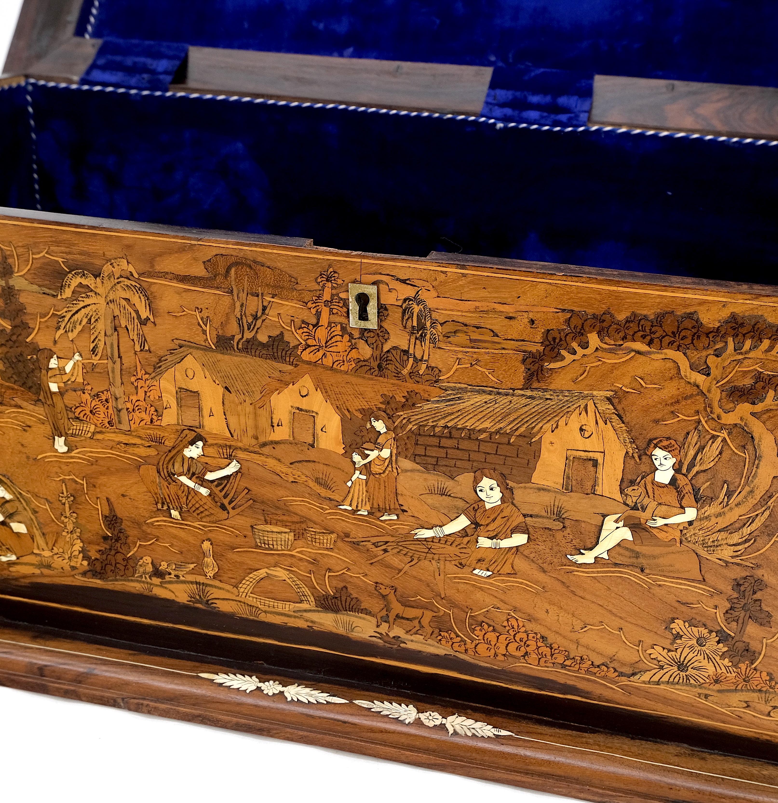 20th Century Large Box Trunk Bone Inlayed Rosewood Storage Village Scenery Very Fine Detail For Sale