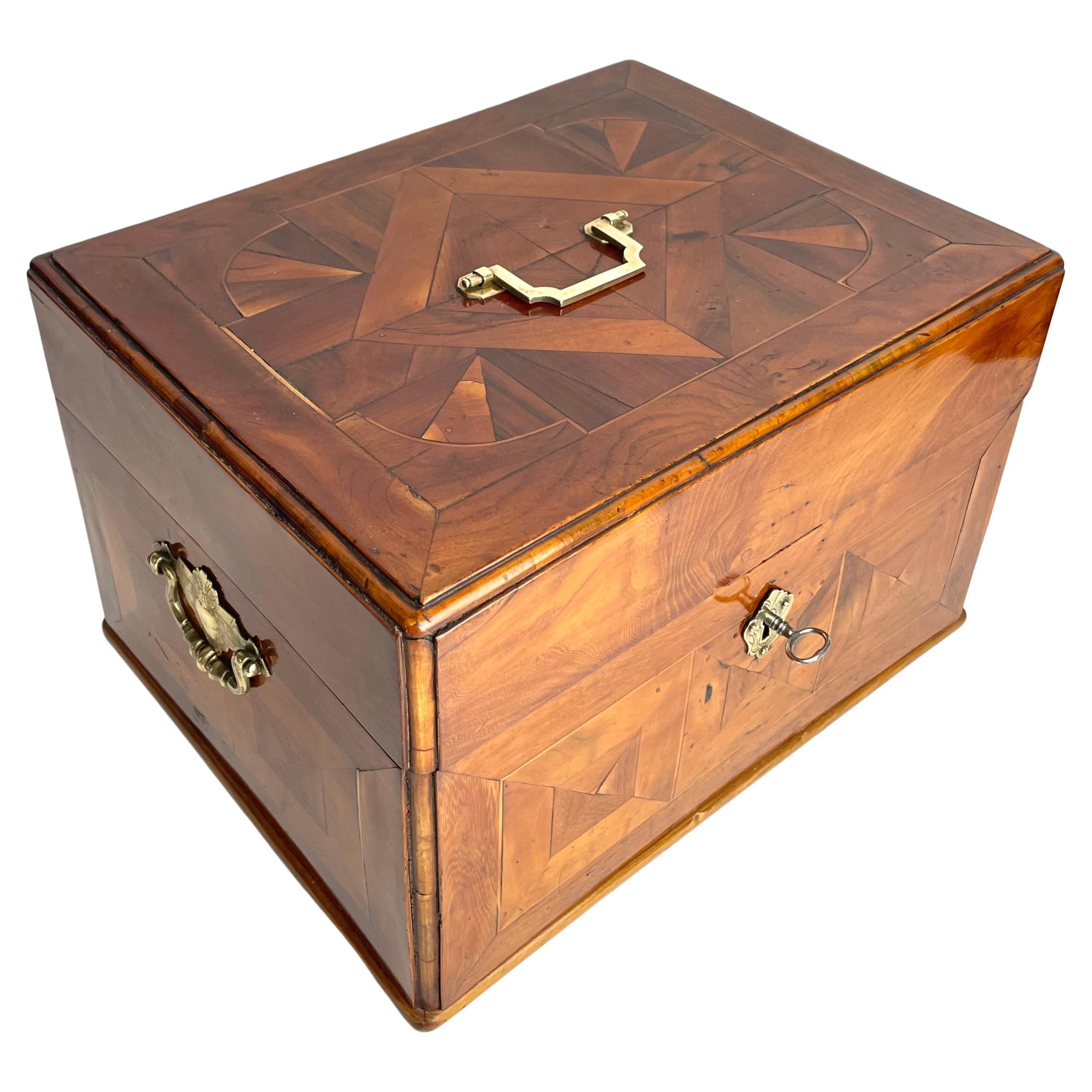 Large box with inlay of various fruit woods. Baroque, early 18th Century For Sale