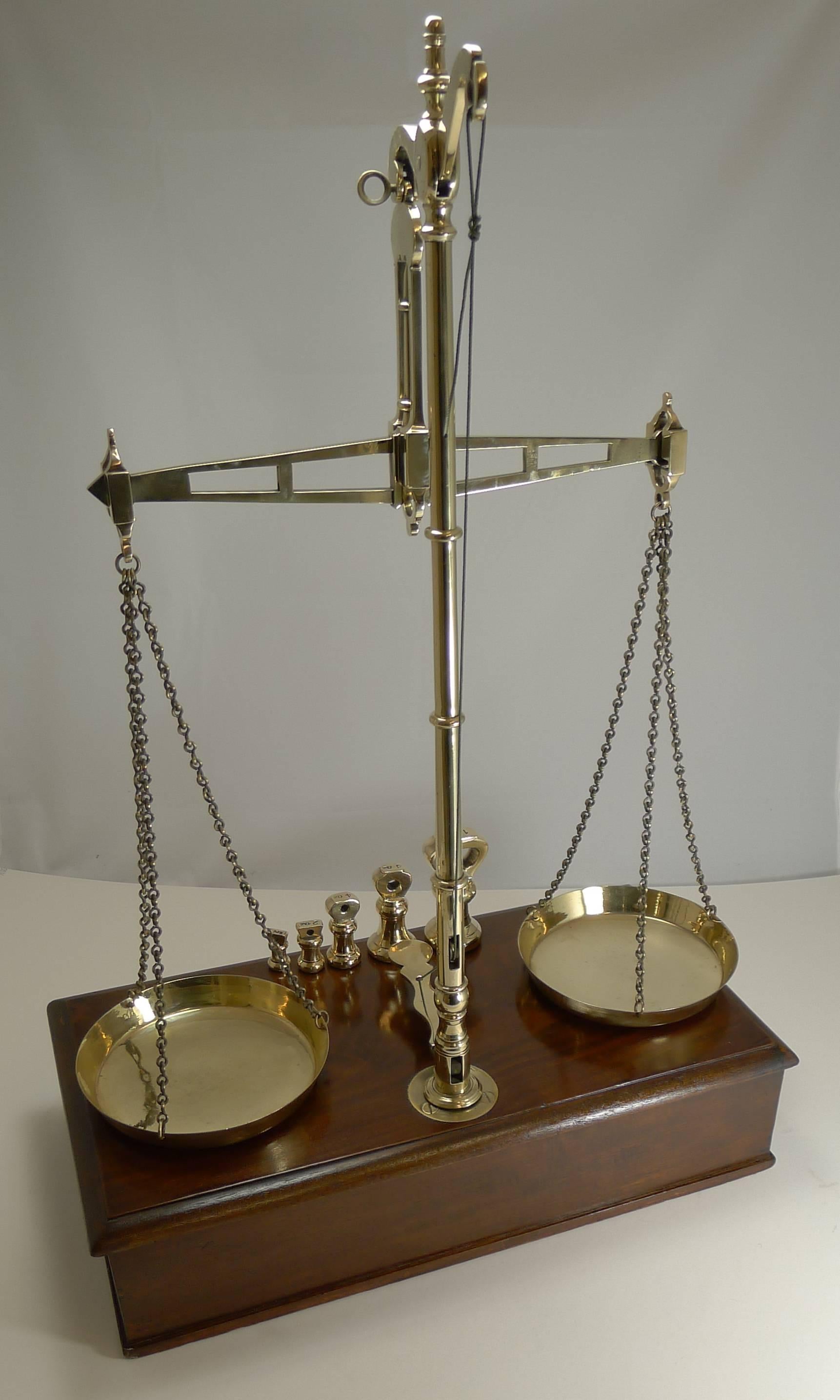 Large Boxed Antique English Commodity Scales in Mahogany and Brass, circa 1880 4