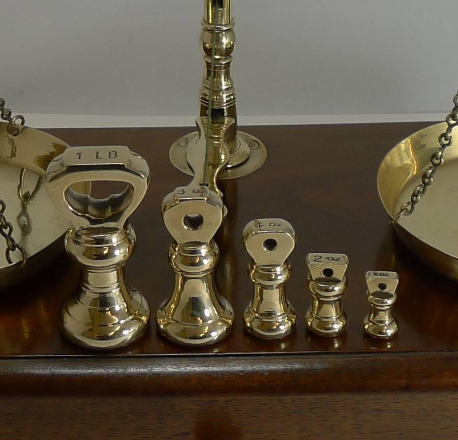 British Large Boxed Antique English Commodity Scales in Mahogany and Brass, circa 1880
