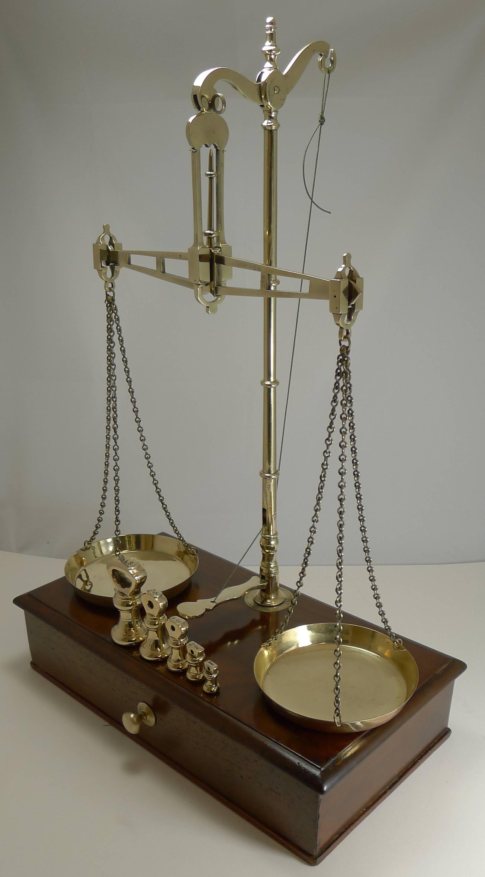 Large Boxed Antique English Commodity Scales in Mahogany and Brass, circa 1880 In Excellent Condition In Bath, GB