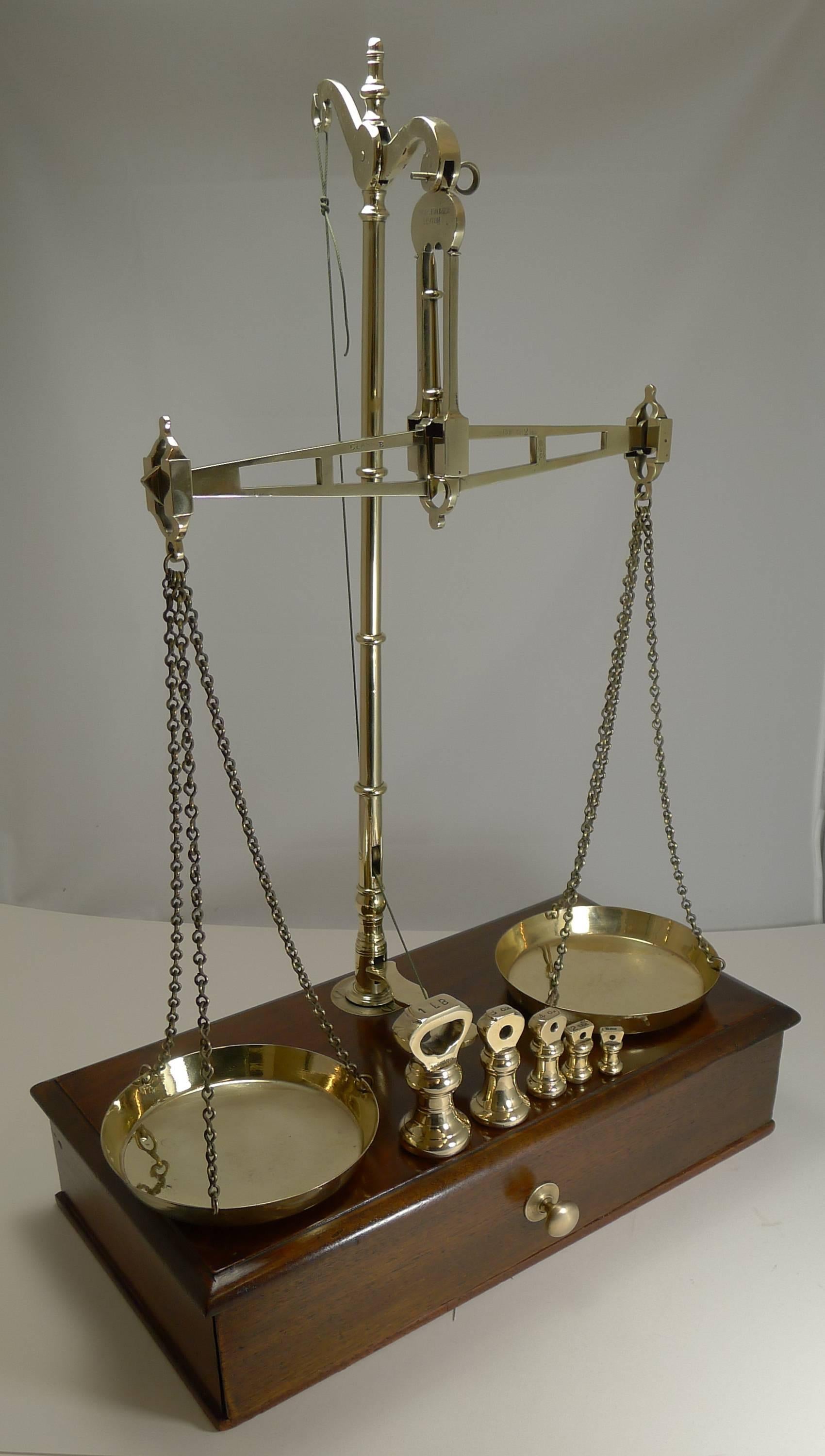 Large Boxed Antique English Commodity Scales in Mahogany and Brass, circa 1880 3