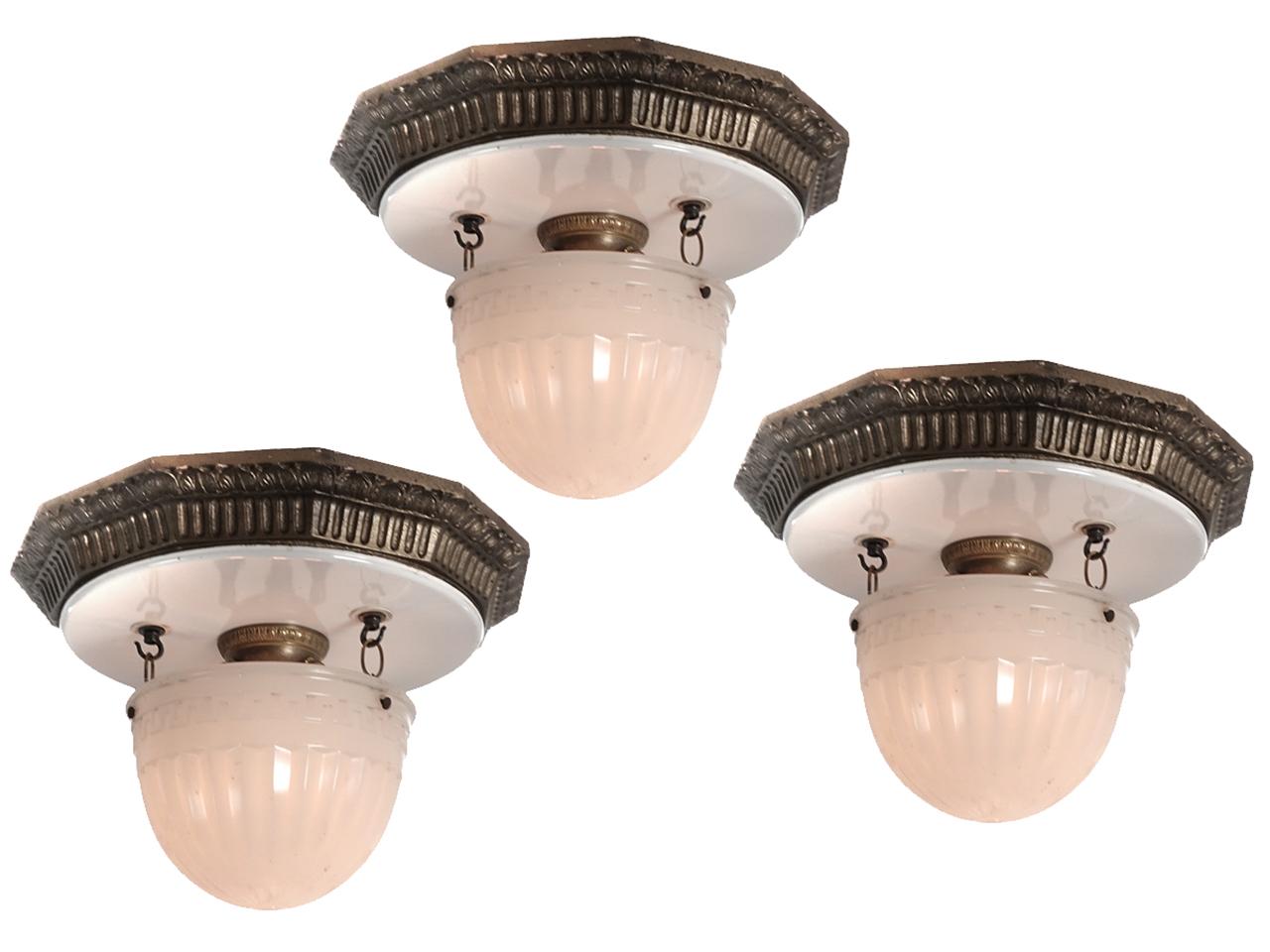 Brascolite fixtures have always been popular because of their quality glass and construction.
The large dome with its fluted and Greek Key pattern is almost .5 in thick. The ceiling crown is white porcelain over steel mounted to a horse hair