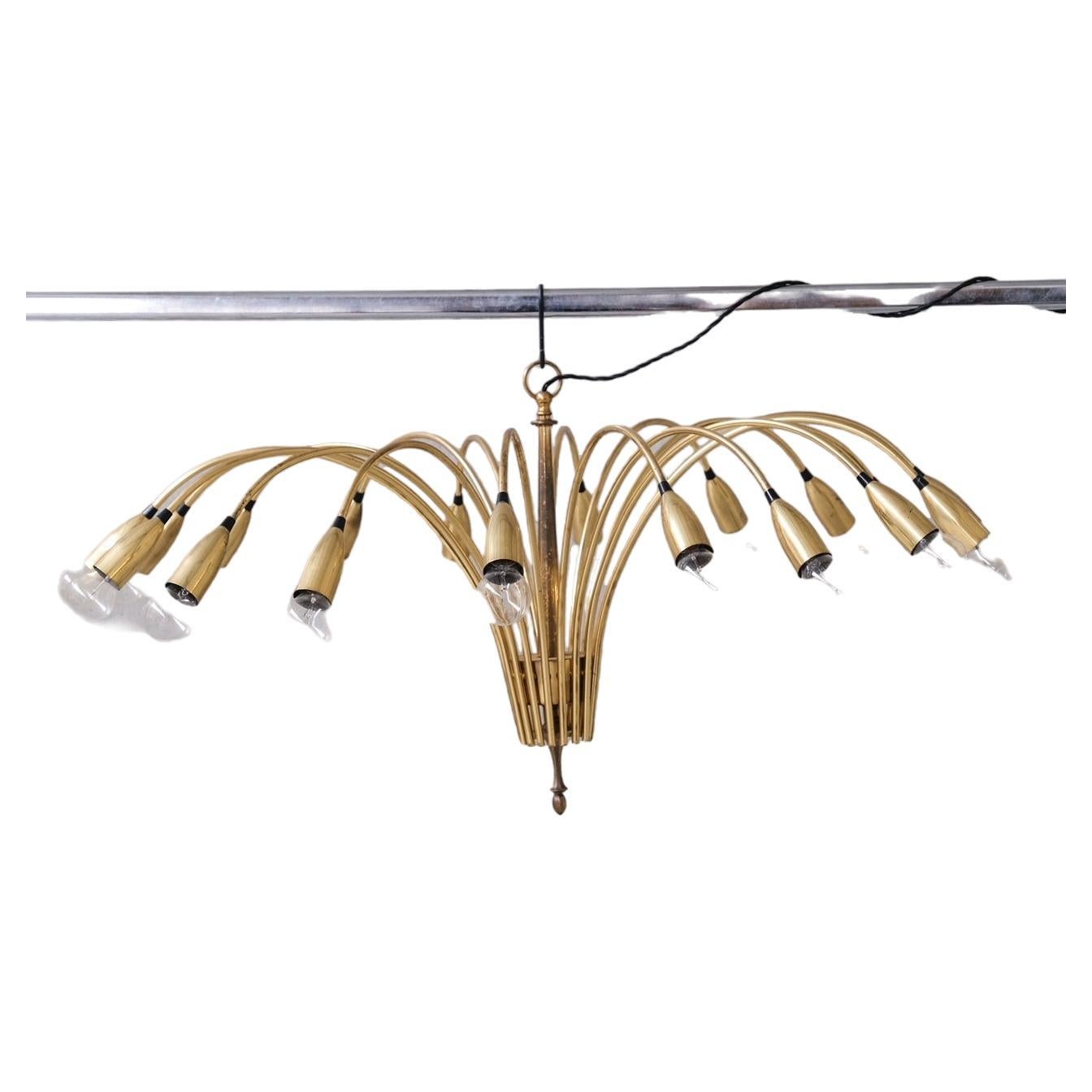 Large Brass 18 Arm Mid-Century Italian Chandelier Light For Sale