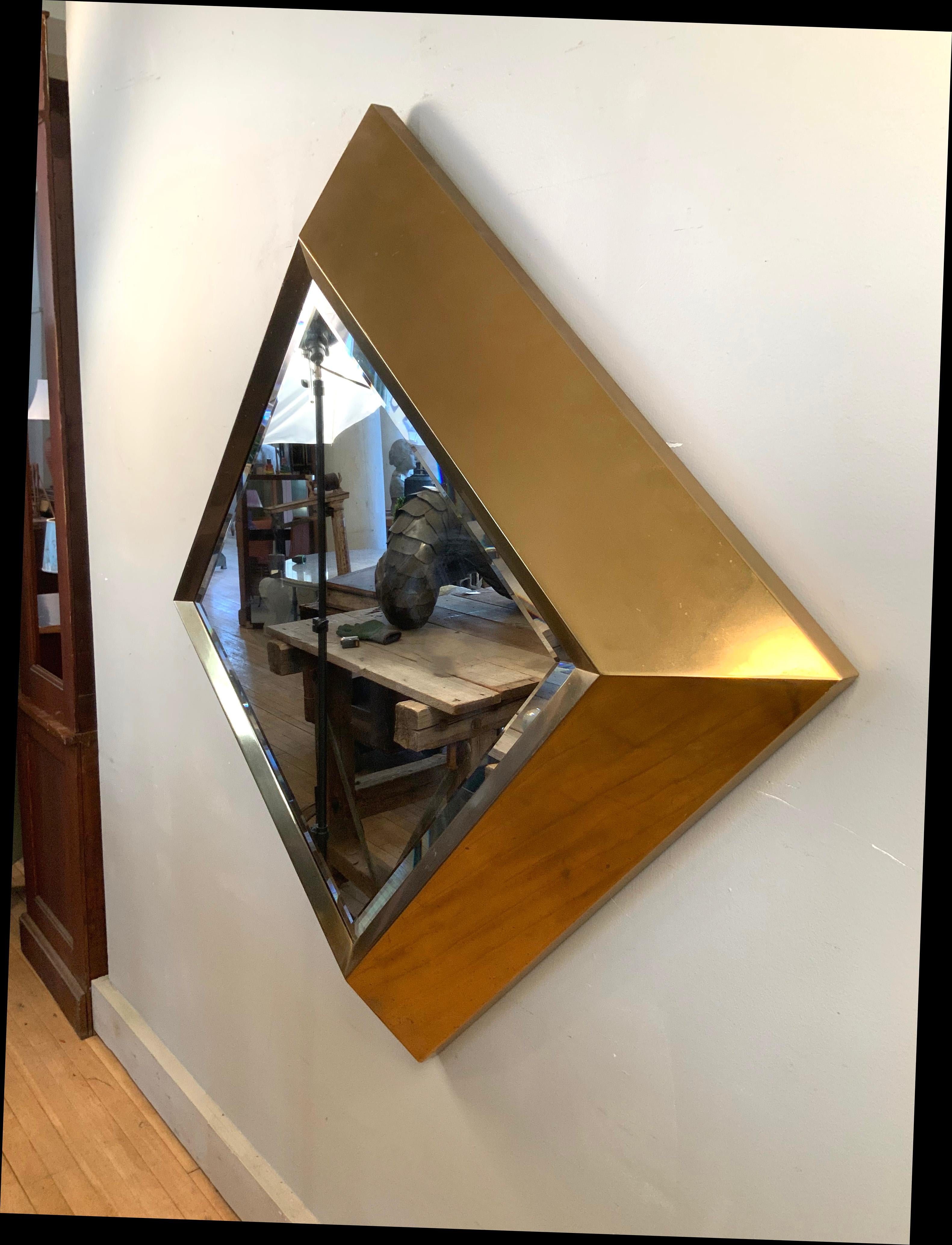 American Large Brass 1970s Diamond Form Mirror by Marcello Mioni