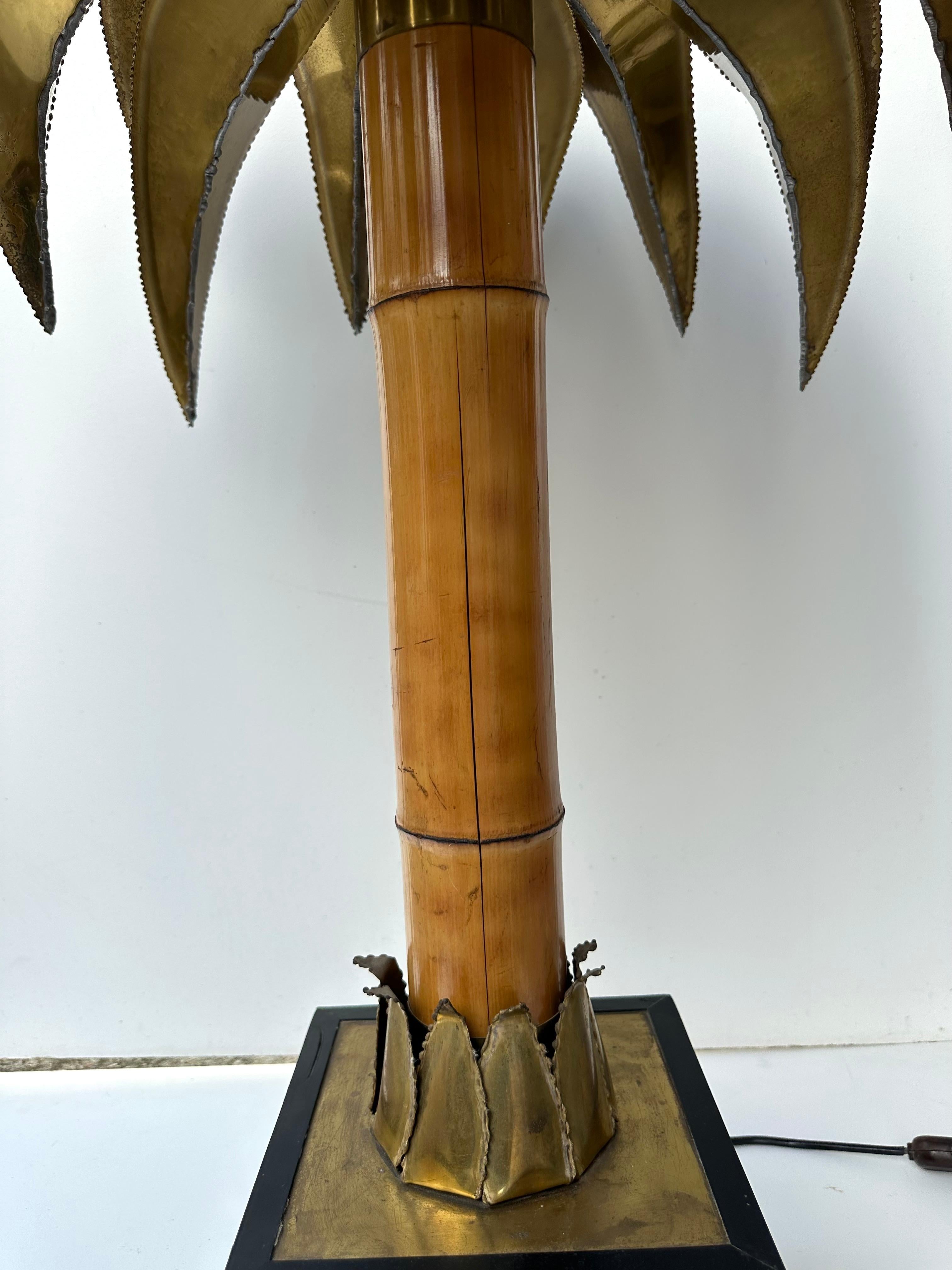 Large Brass and Bamboo Palm Tree Table Lamp by Maison Jansen, France, 1970s 7