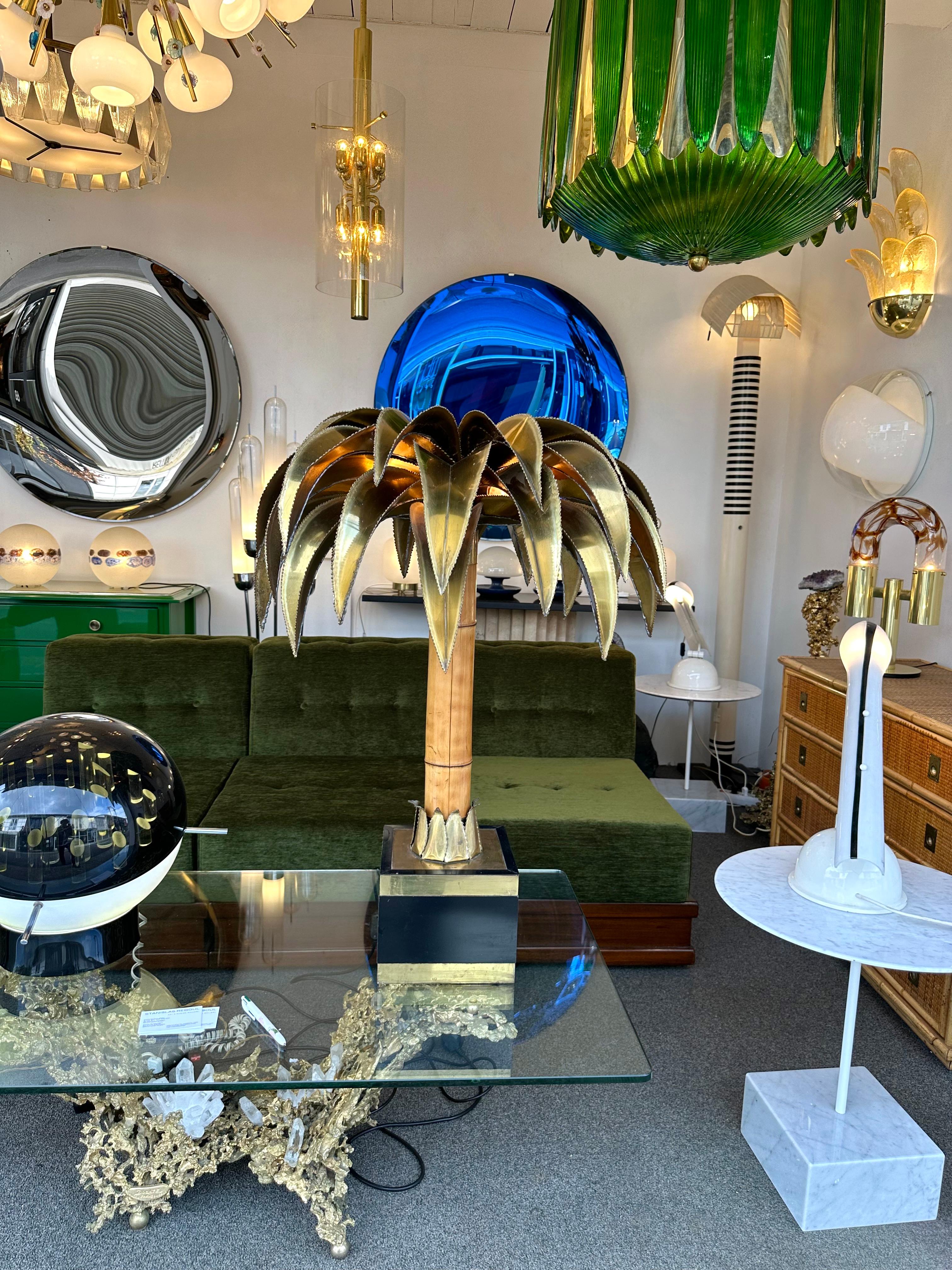 Hollywood Regency Large Brass and Bamboo Palm Tree Table Lamp by Maison Jansen, France, 1970s