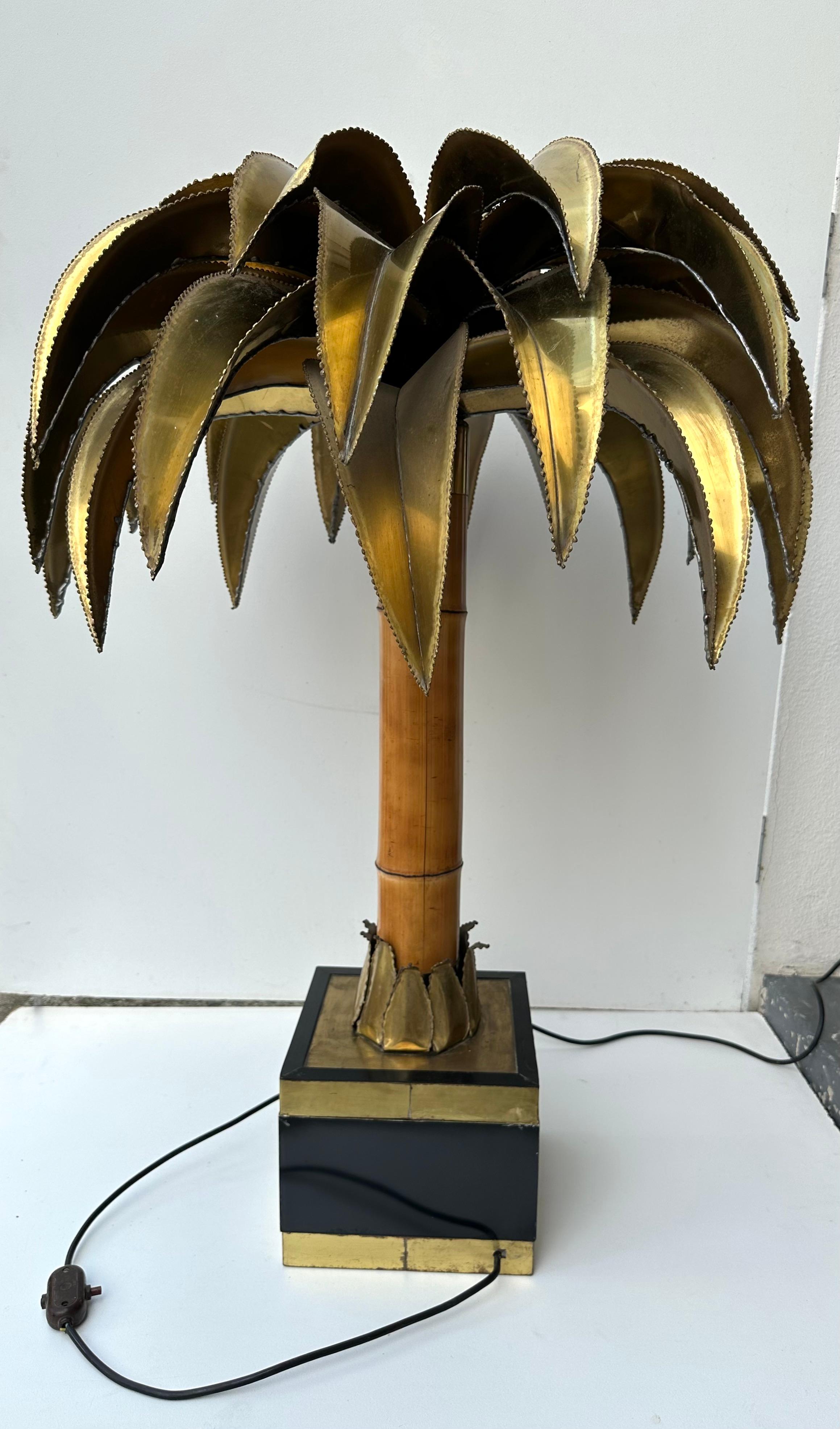 Large Brass and Bamboo Palm Tree Table Lamp by Maison Jansen, France, 1970s 3