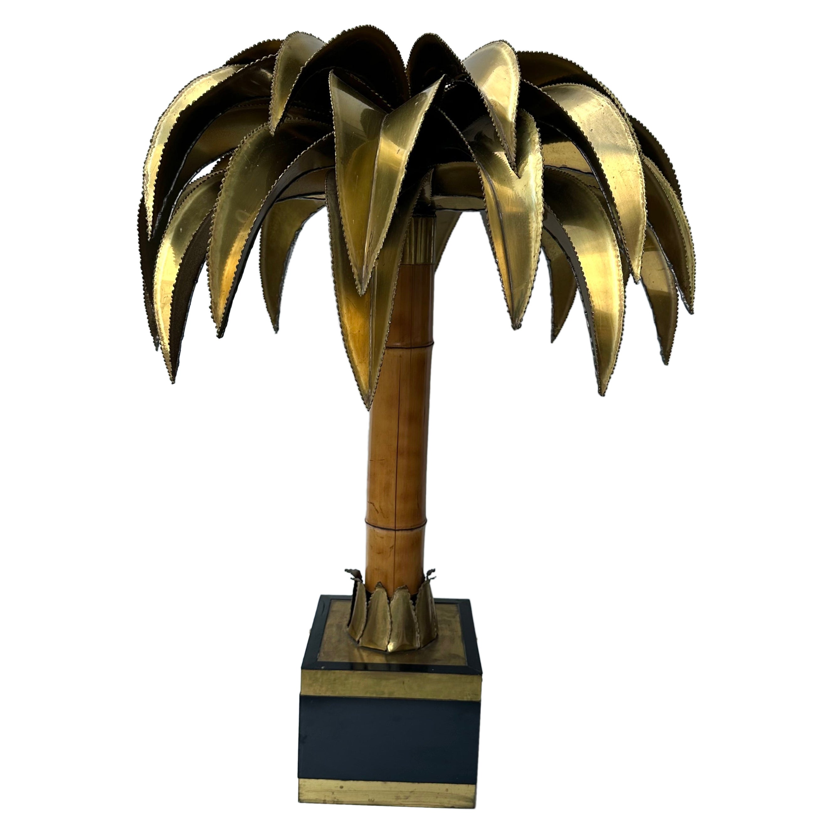 Large Brass and Bamboo Palm Tree Table Lamp by Maison Jansen, France, 1970s