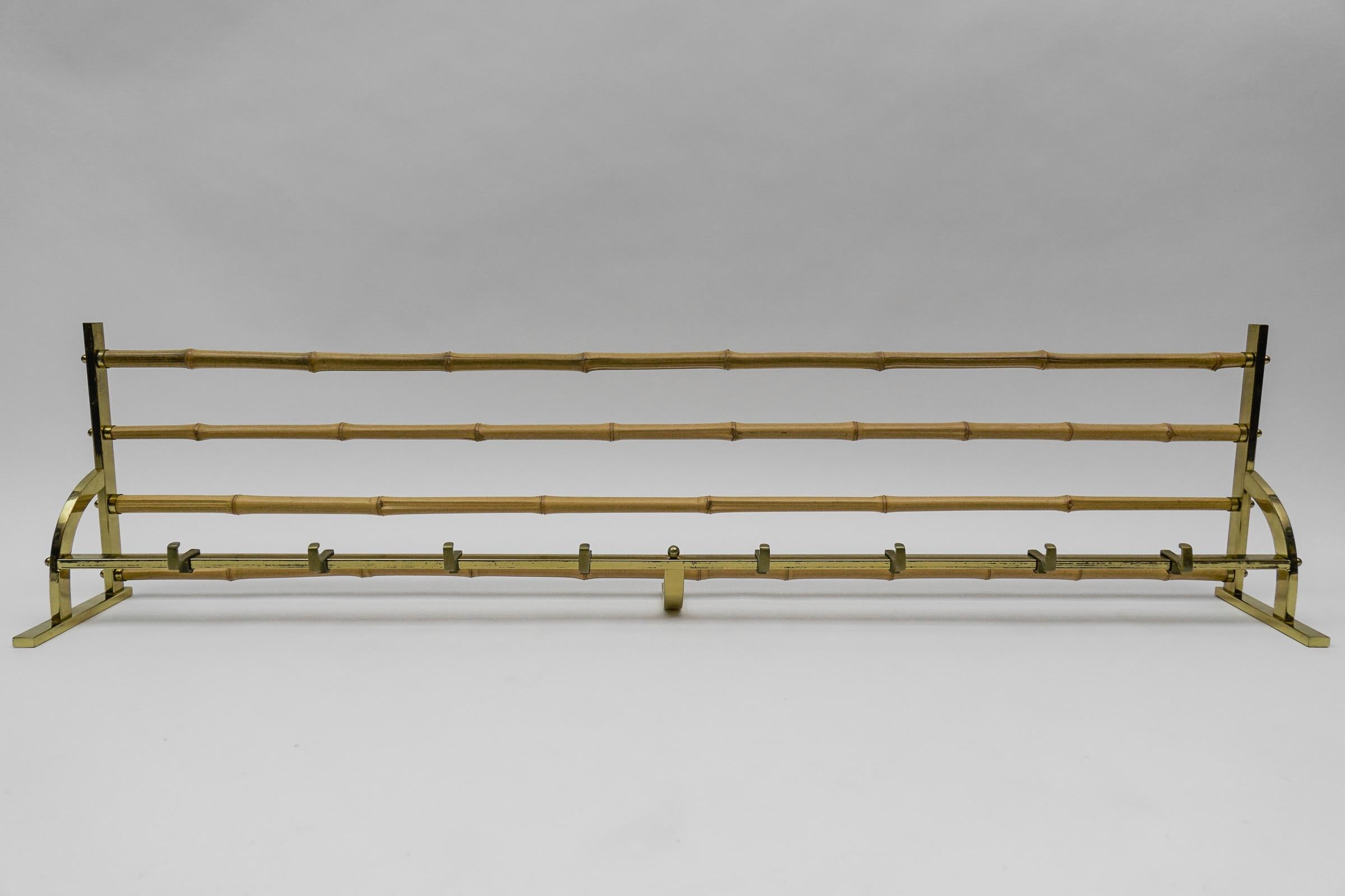 Hollywood Regency Large Brass and Bamboo Wall Coat Rack, 1960 Italy For Sale
