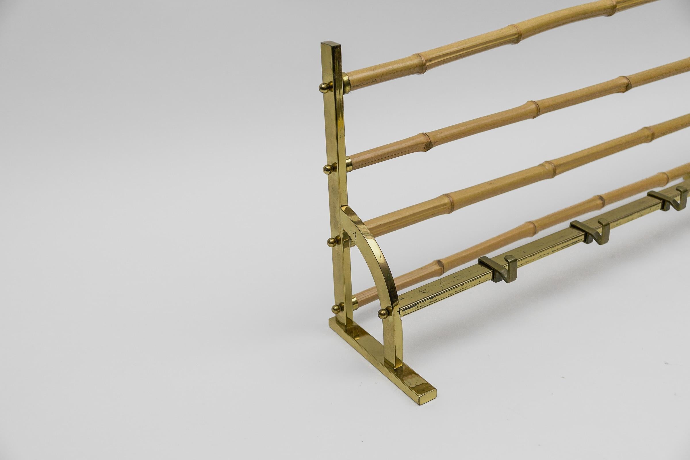 Italian Large Brass and Bamboo Wall Coat Rack, 1960 Italy For Sale