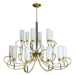 Large Brass and Black Enameled Metal Eighteen Arm Chandelier with Frosted Shades