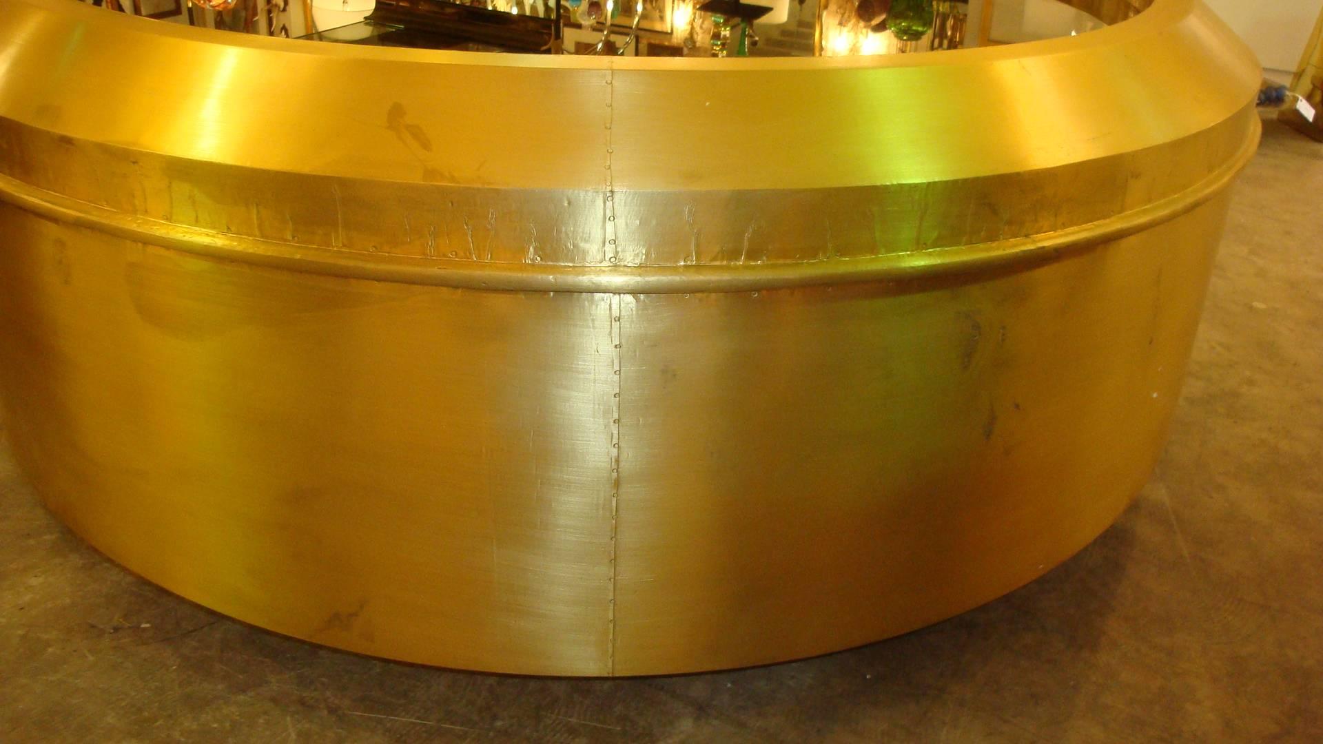 American Large Brass and Black Glass Round Coffee Table For Sale