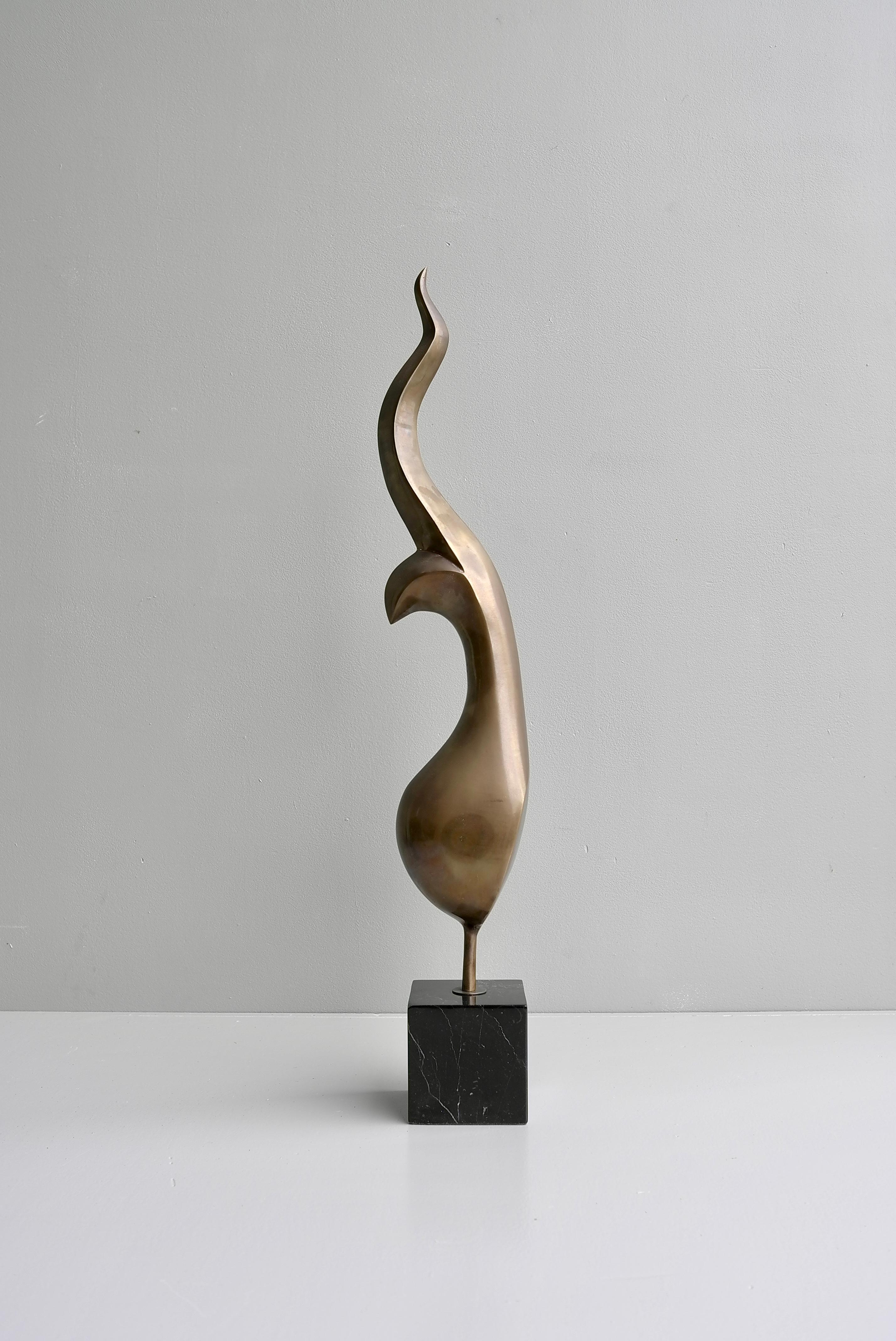 European Large Brass and Copper Abstract Sculpture with Black Carrara Marble Base, 1960's For Sale