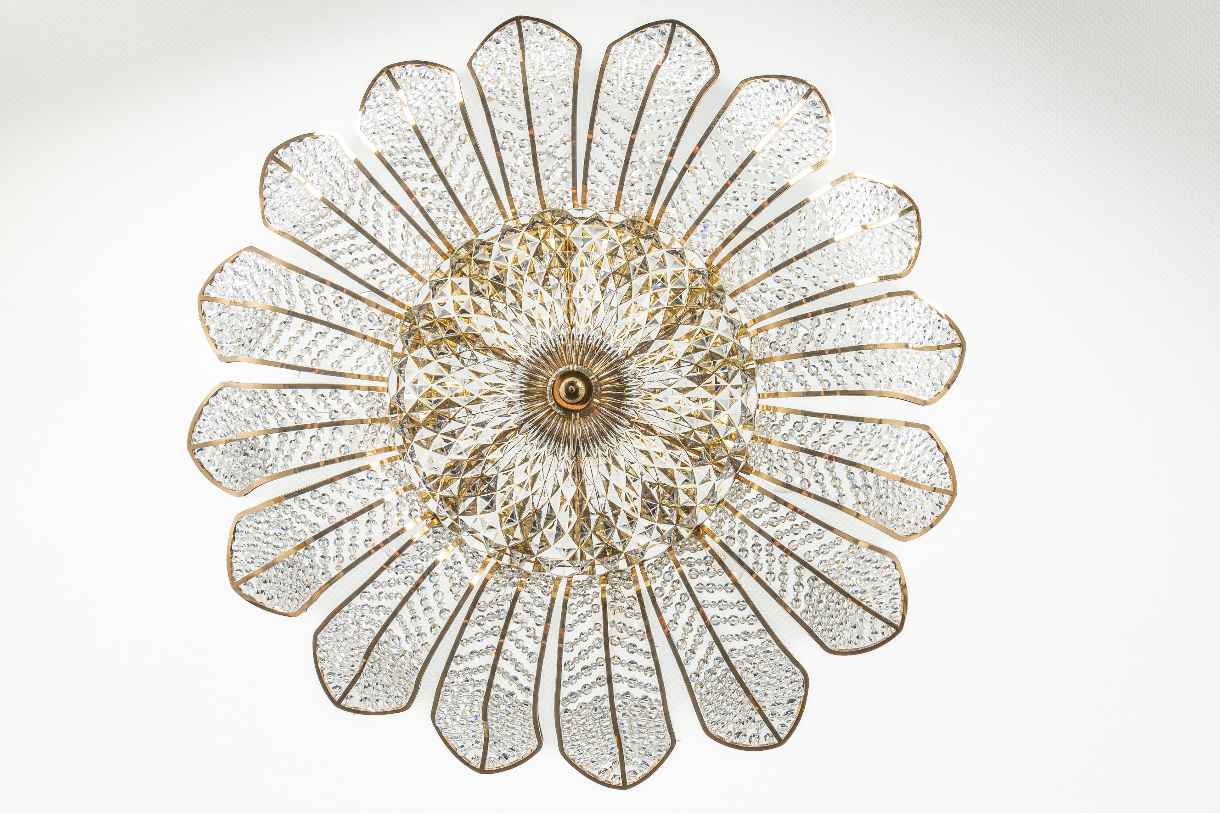 Large Brass and Crystal Chandelier, Designed by Palwa, Germany, 1970s 5