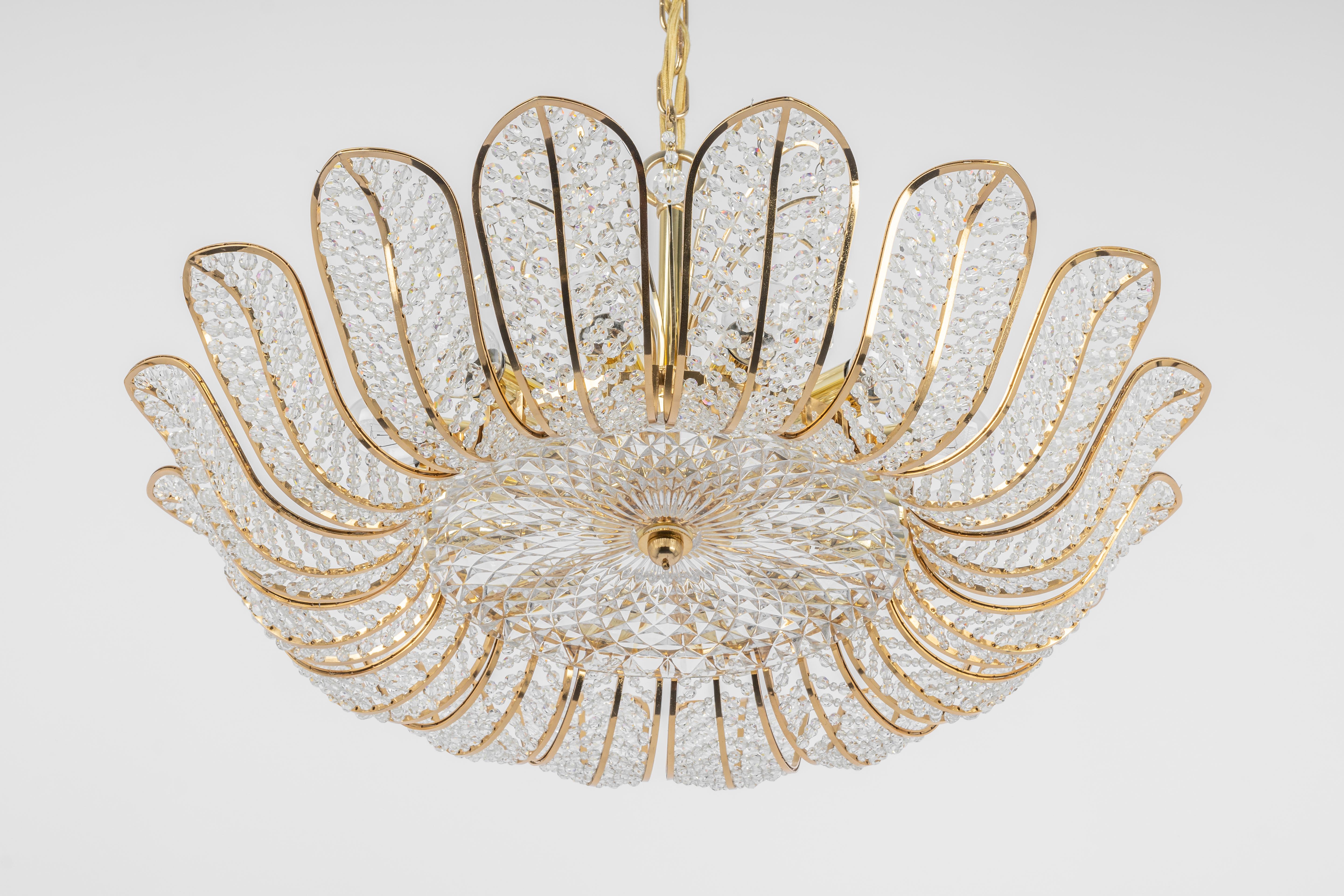 Mid-Century Modern Large Brass and Crystal Chandelier, Designed by Palwa, Germany, 1970s